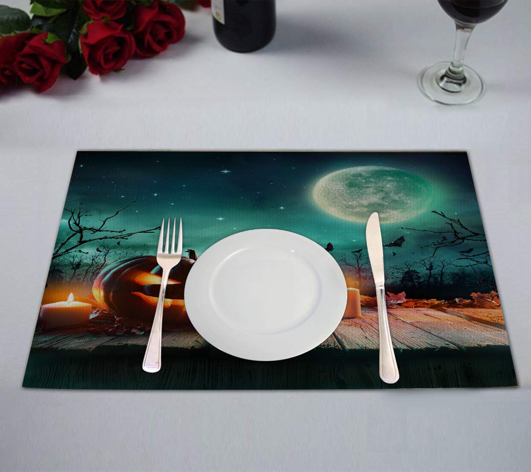 Halloween Pumpkin Wooden Plank Candles Spooky Night Placemat Set of 2 - 12x18 Inch Rustic Table Mats for Fall Decor, Thanksgiving Dinner & Autumn Centerpiece Decorations