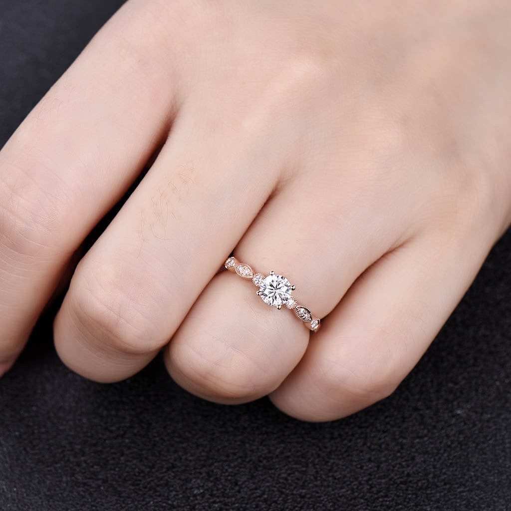 5mm Round Moissanite Marquise Diamond Engagement Ring - 14k/18k Rose Gold Wedding Band for Women - Classic 4 Prong Setting, Perfect for Proposals, Anniversaries & Bridal Jewelry