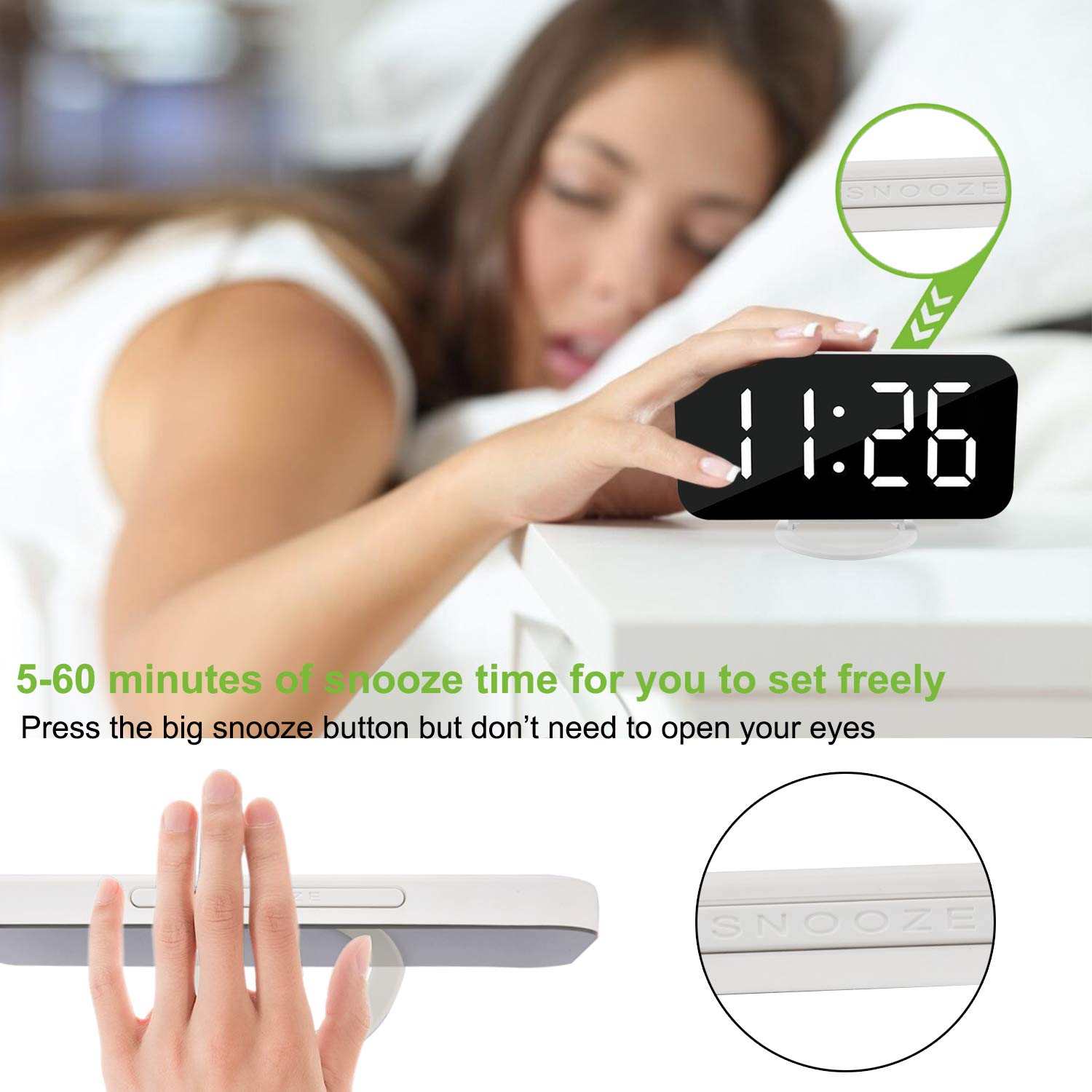 SZELAM Large Digital Alarm Clock with LED Display - Mirror Surface for Makeup, 3-Level Brightness & Dimming Mode, Dual USB Charging Ports - Modern Home & Bedroom Decor (White) - Perfect for Nightstands, Vanity Tables, and Office Desks