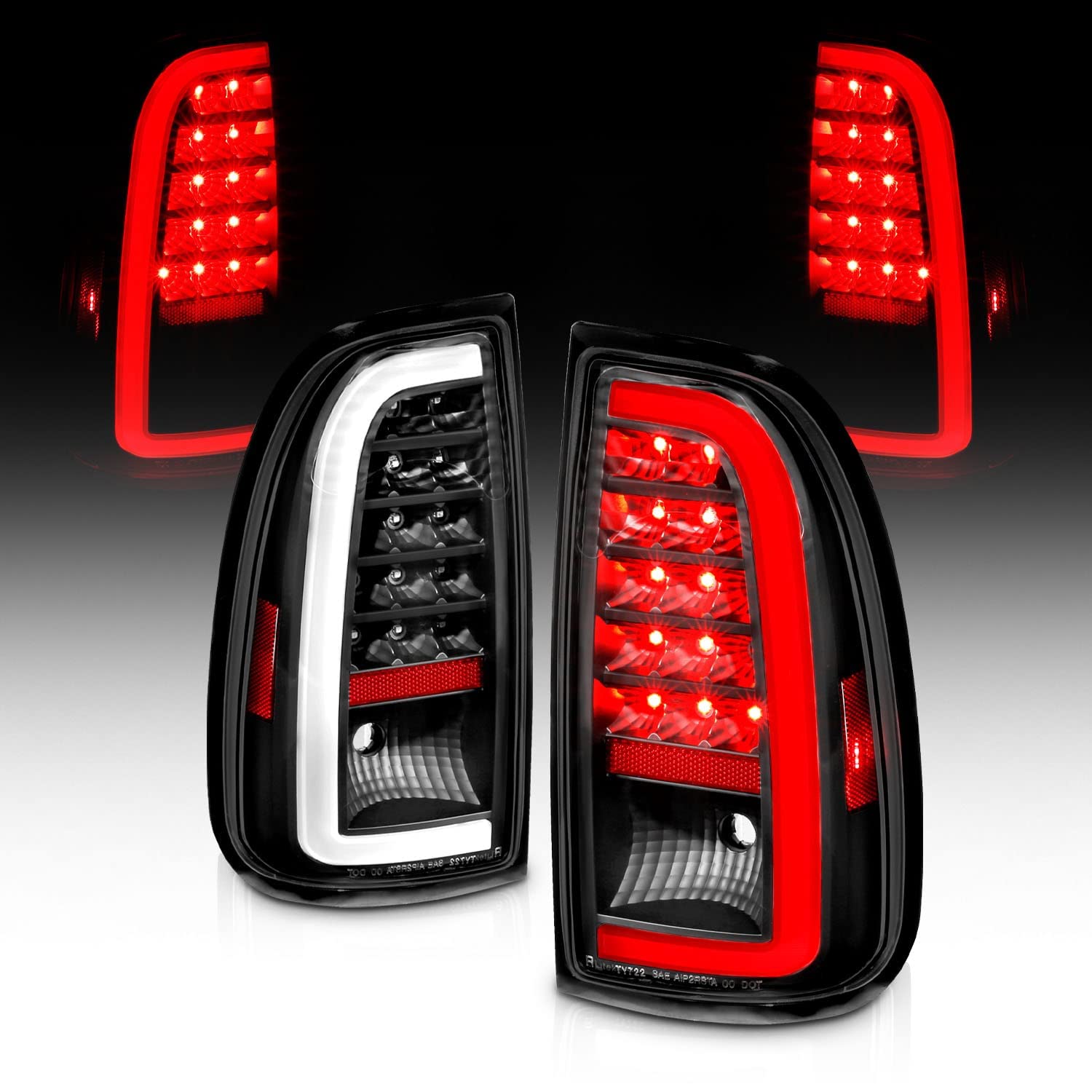AmeriLite LED Brake Tail Lights for 2000-2006 Toyota Tundra Standard Access Cab - C-Type Black Replacement Light Pair (Driver & Passenger Side) | Durable, Bright & Weatherproof for Night Driving & Enhanced Safety