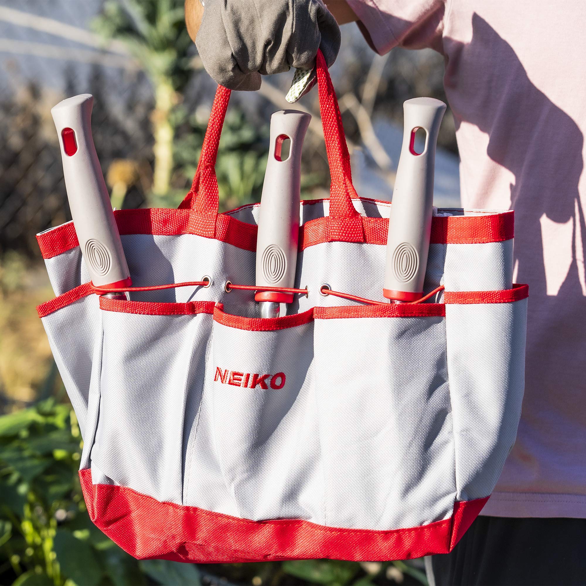 NEIKO 61090A 8-Piece Heavy Duty Garden Tool Set with Storage Bag – Durable Gardening Tools for Men & Women – Perfect for Home Planting, Weeding & Landscaping – Ideal Gift for Gardeners (Grey & Red)