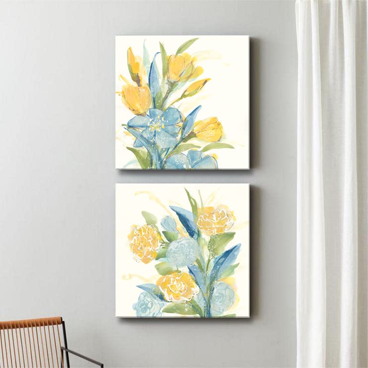 Light Blue and Yellow Floral Wall Art - Modern Aqua Yellow Flower Painting Print for Bathroom, Kitchen, Bedroom Decor - Set of 2 (12x12 Inches) - Perfect for Home, Office & Gift Giving