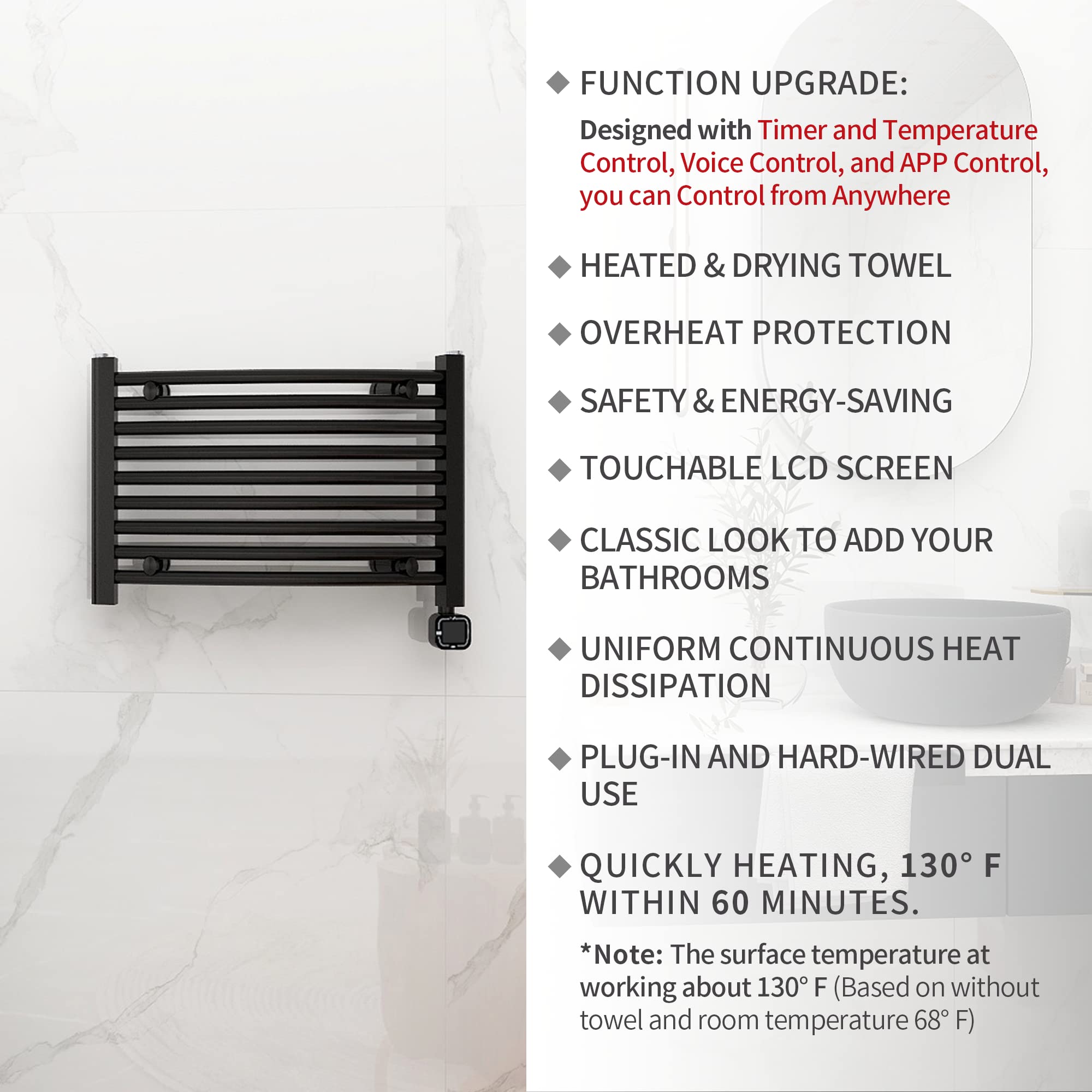 HEATGENE Smart Towel Warmer with Timer & Temperature Control - Electric Heated Towel Rail for Bathroom, Matte Black - Perfect for Spa, Luxury Hotels & Cozy Home Use