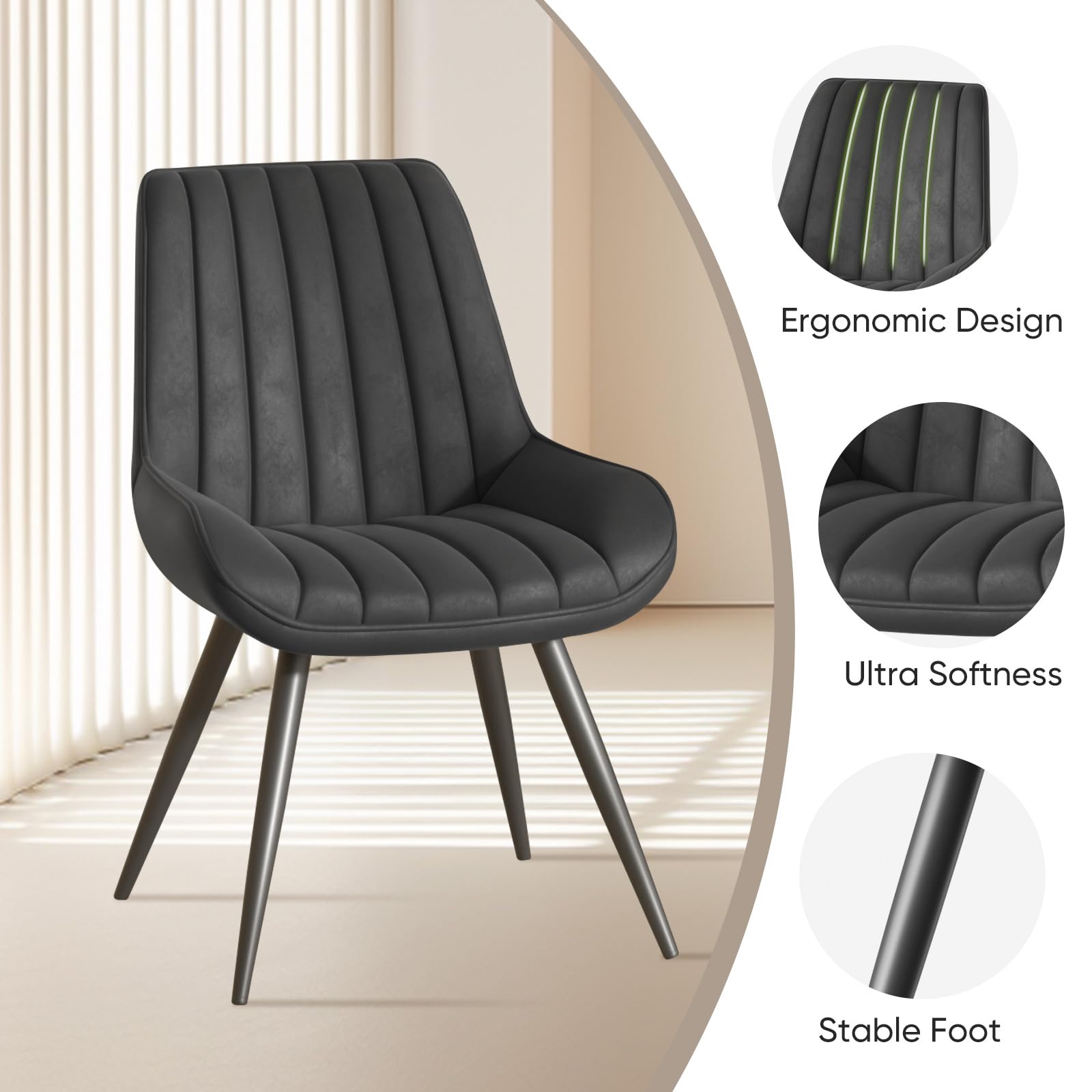 Modern Dining Chairs Set of 6 - Upholstered Fabric Kitchen Chairs with Thick Cushions & Sturdy Metal Legs - Comfy Black Dining Room Chairs for Home, Restaurant, and Office Use
