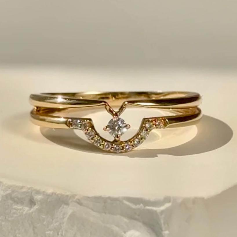 14k Solid Yellow Gold Diamond Curve Double Layer Band Ring - Elegant Stackable Wedding Band for Women, Perfect for Anniversaries & Special Occasions