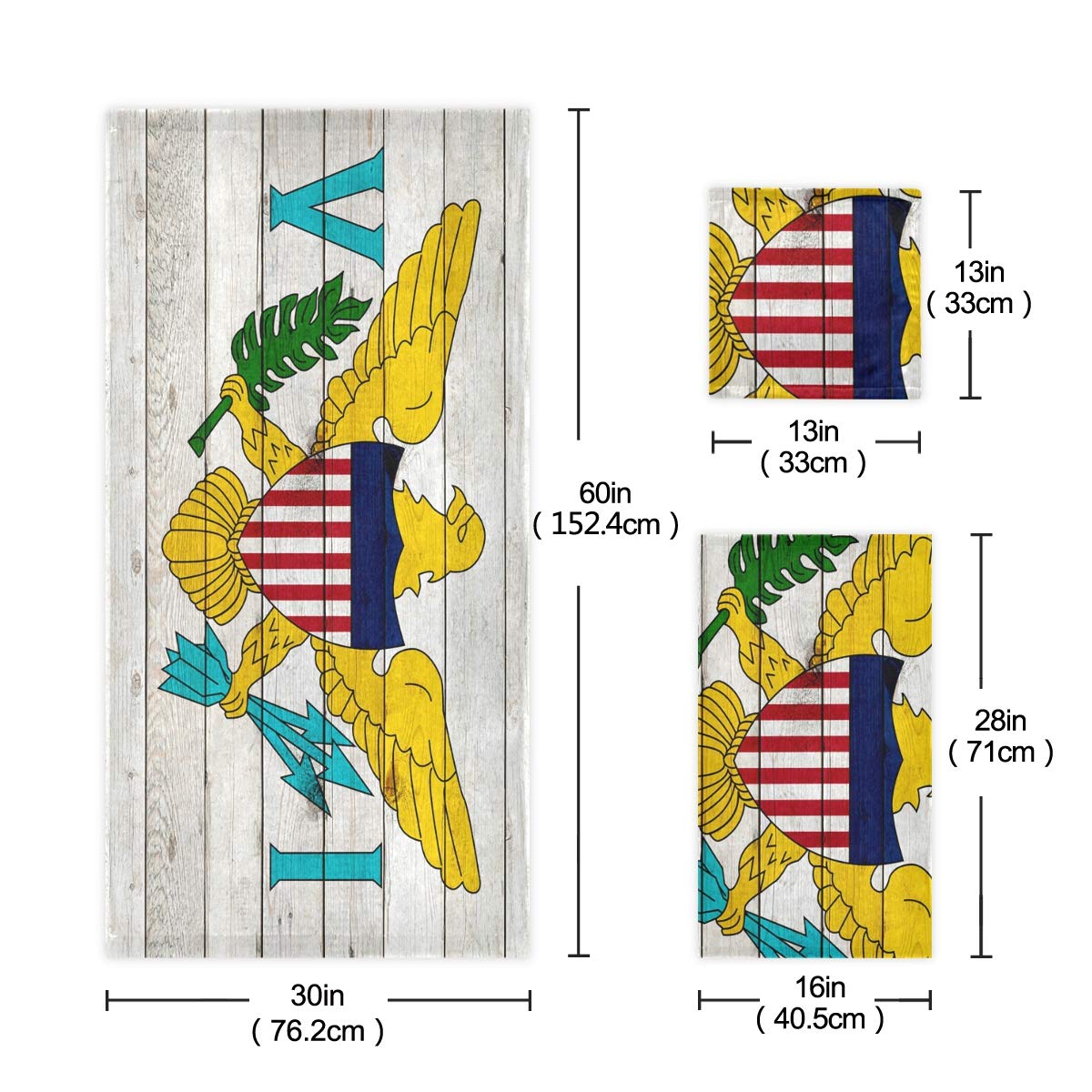 Premium 3-Piece U.S. Virgin Islands Flag Towel Set - Soft Absorbent Bath Towel, Hand Towel & Washcloth for Kitchen, Beach, Gym, Spa, Bathroom & Hotel Use