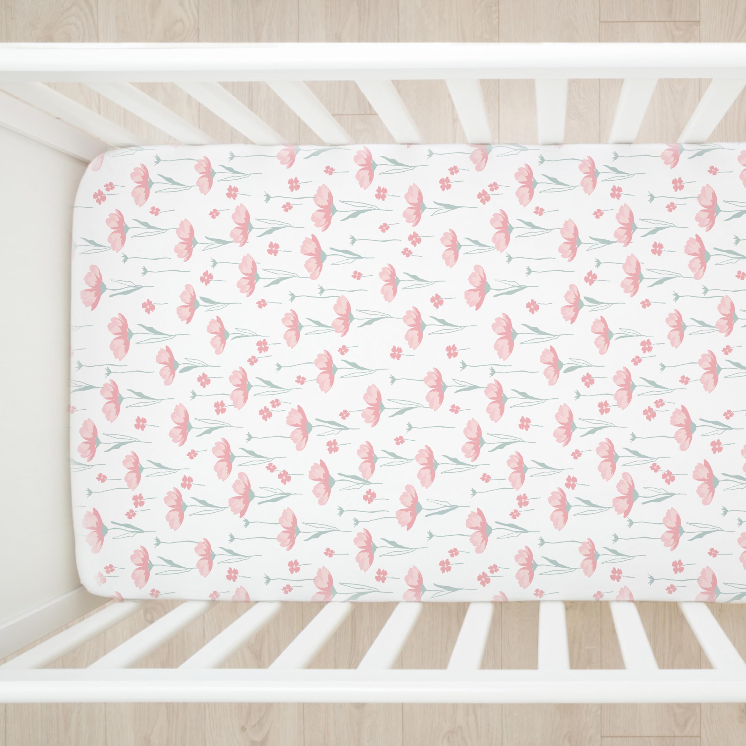 HonestBaby 100% Organic Cotton Fitted Crib Sheets - Standard Size for Bassinet & Crib Mattress - Soft Mini Prints in Strawberry Pink Floral - Unisex for Baby Boys & Girls - Perfect for Nursery, Daycare & Travel Use