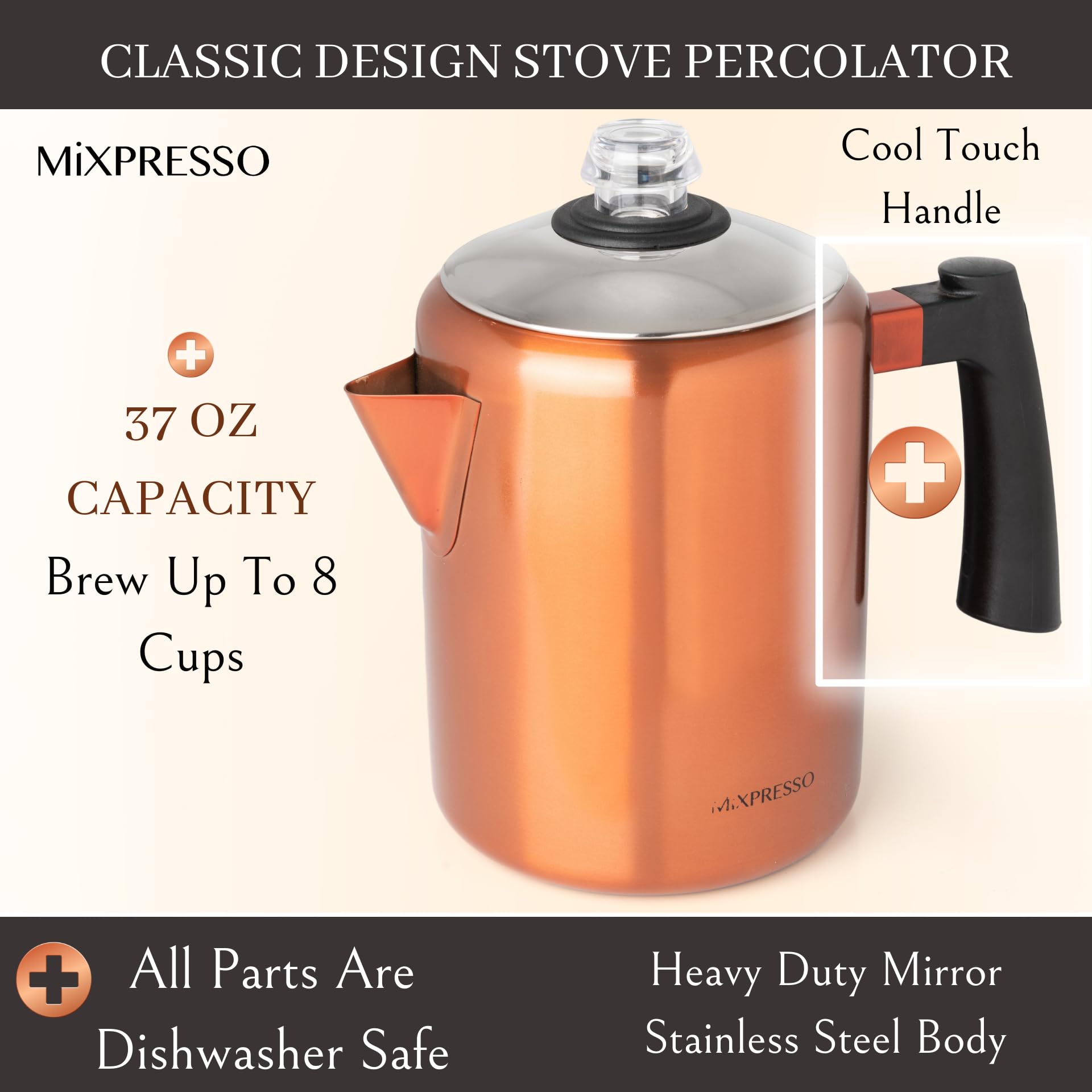 Mixpresso Stainless Steel Stovetop Coffee Percolator - 37oz (5-8 Cup) Copper Coffee Maker for Camping, Home & Outdoor Use - Durable Stove Top Coffee Pot for Gas, Electric & Induction Cooktops
