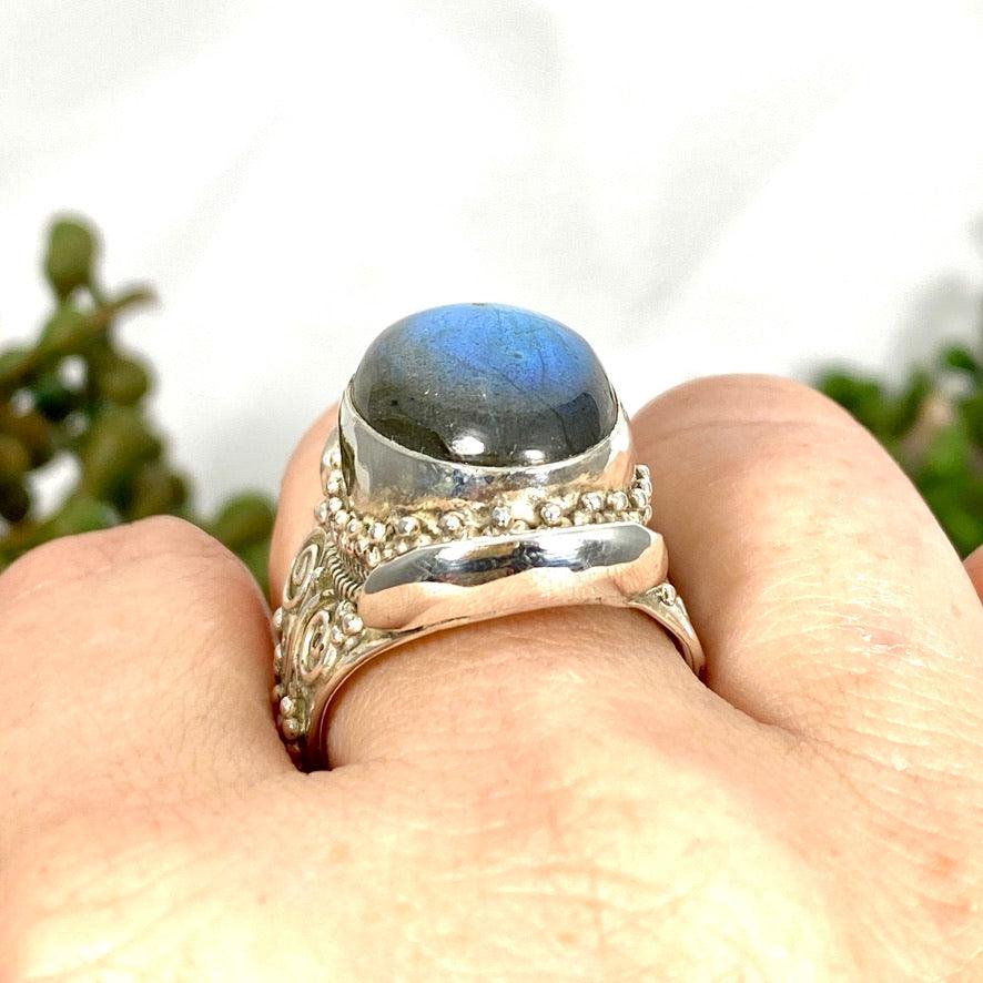 Boho Style Labradorite Oval Ring - Size 11 - Sterling Silver Handmade Jewelry - KRGJ2771 | Perfect for Festival, Wedding & Everyday Boho Fashion