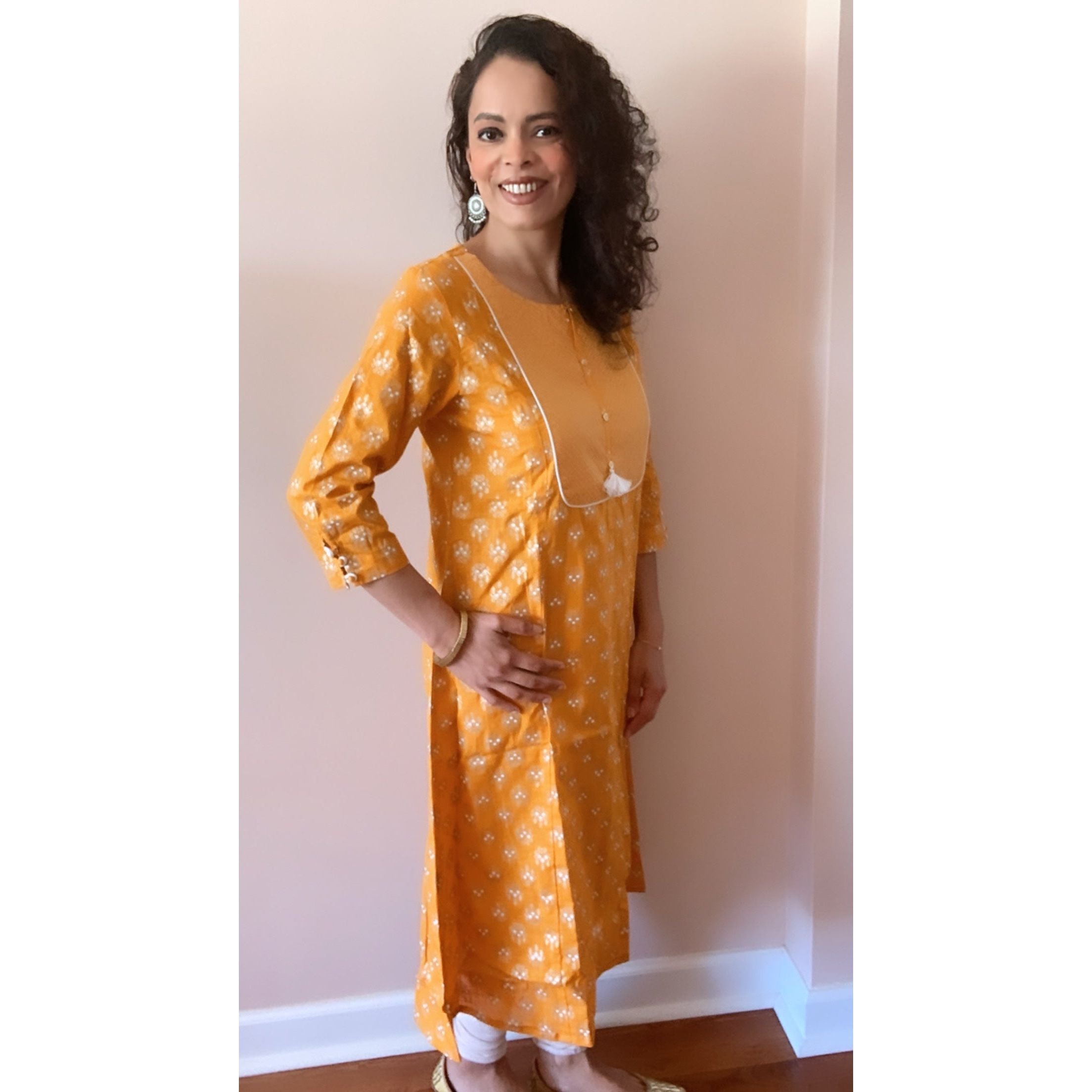 Stylish Yellow and White Printed Kurta for Women - Comfortable Ethnic Tunic Top for Casual Wear, Festivals, and Special Occasions