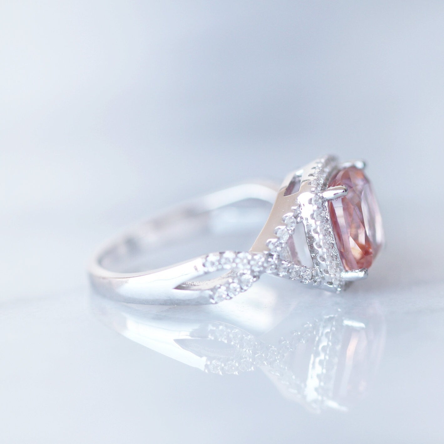 Flair Morganite Ring in Sterling Silver - Elegant Rose Gold Plated Jewelry for Women, Perfect for Engagement, Wedding & Anniversary Gifts