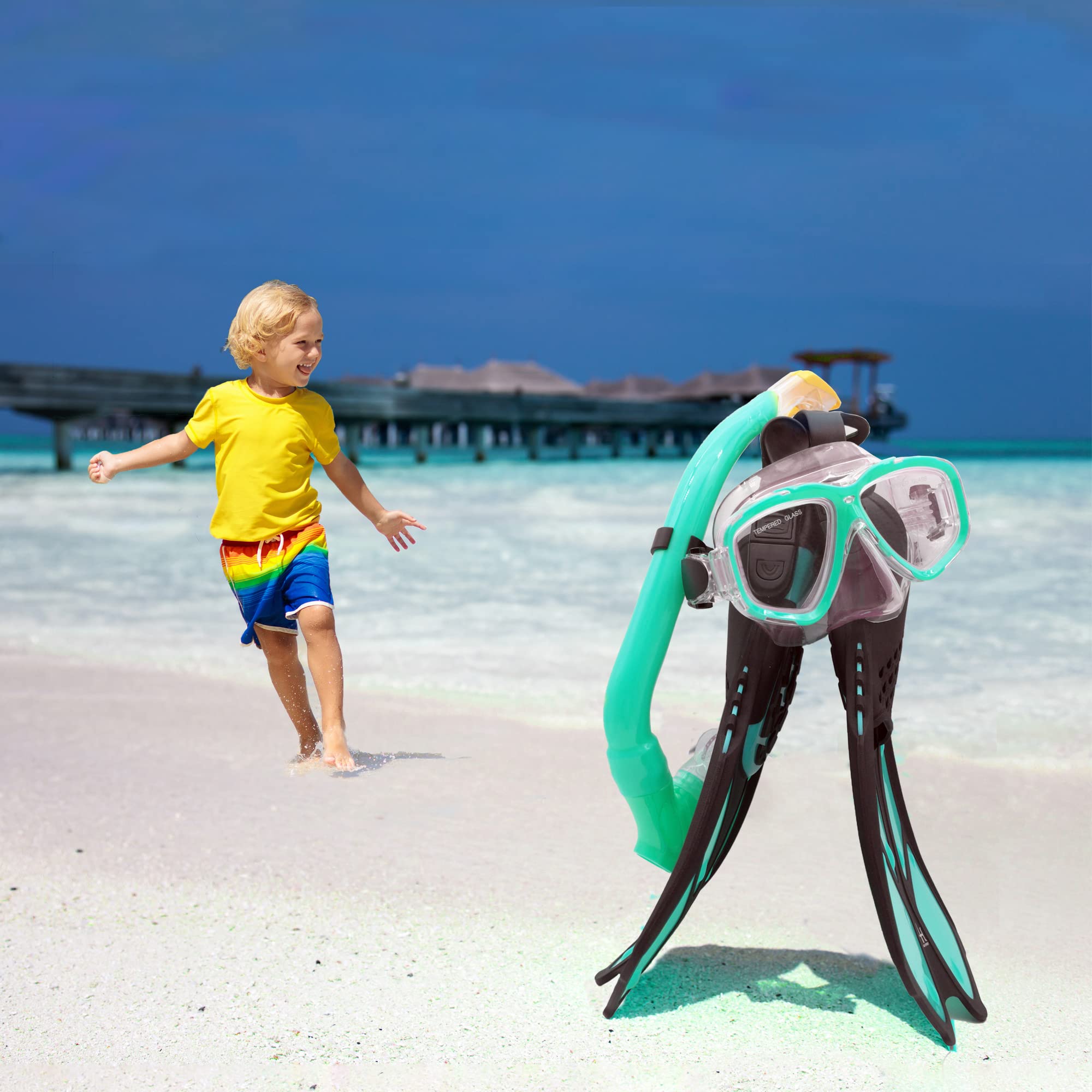 **Kids Snorkel Set - Adjustable Diving Mask, Snorkel & Swim Fins with Anti-Fog & Anti-Leak Design - Complete Snorkeling Gear for Swimming & Diving - Perfect for Beach Vacations & Pool Adventures**