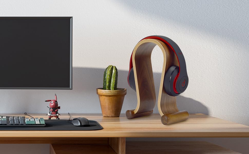 Premium SAMDI Walnut Wood Headphone Stand - Universal Holder for Sony, Bose, Shure, Jabra, JBL, AKG Gaming Headphones - Stylish Omega Design for Desk, Office, Studio & Gaming Setup