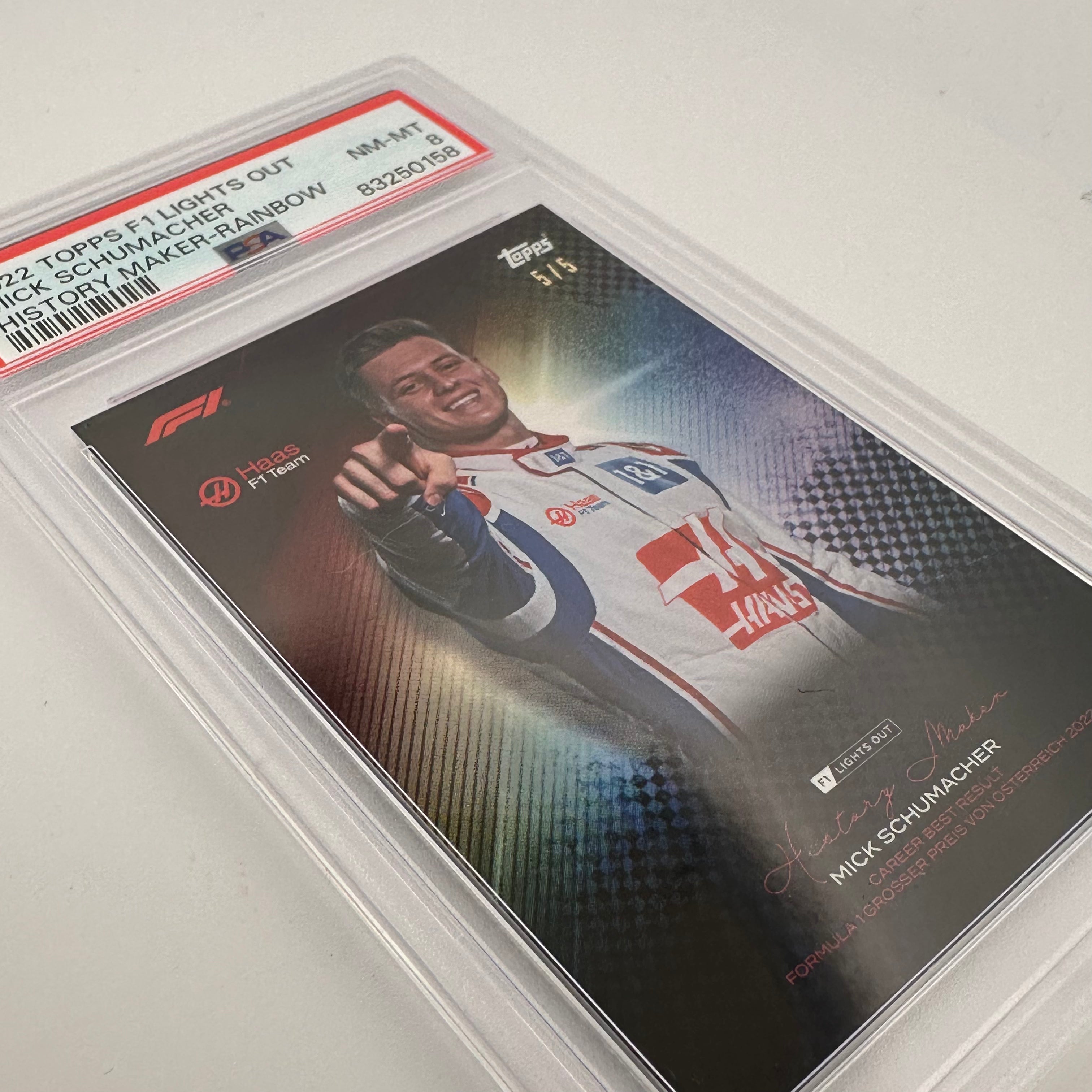 PSA 8 Graded Mick Schumacher 5/5 Rainbow History Maker Trading Card - Perfect for Collectors & F1 Racing Fans Display