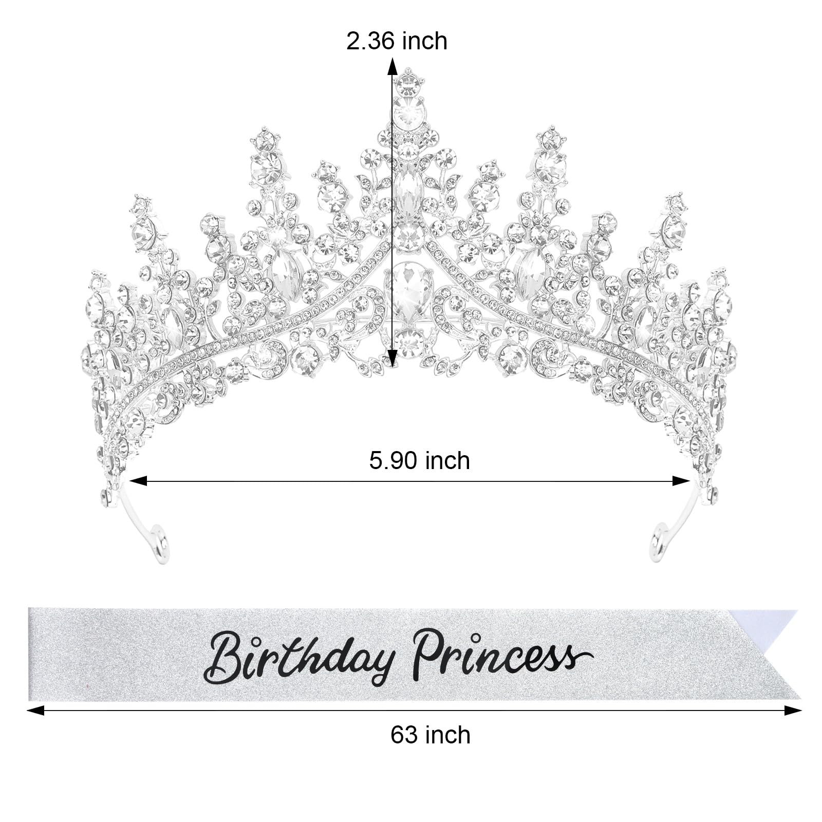 CAVETEE Glitter Birthday Princess Crown & Sash Set - Sparkling Tiara with Satin Sash for Women's Birthday Party Decorations | Perfect for Princess Themed Parties, Quinceañeras & Special Celebrations