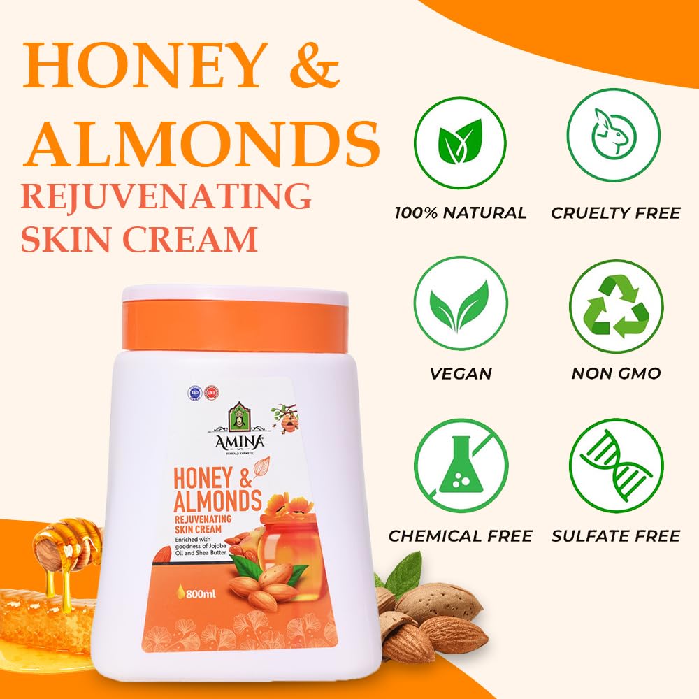 AMINA Honey & Almonds Rejuvenating Skin Cream with Jojoba Oil & Shea Butter - Deeply Nourishing Face & Body Moisturizer for Dry Skin (800ml) | Perfect for Daily Hydration, Night Care & Winter Skin Protection