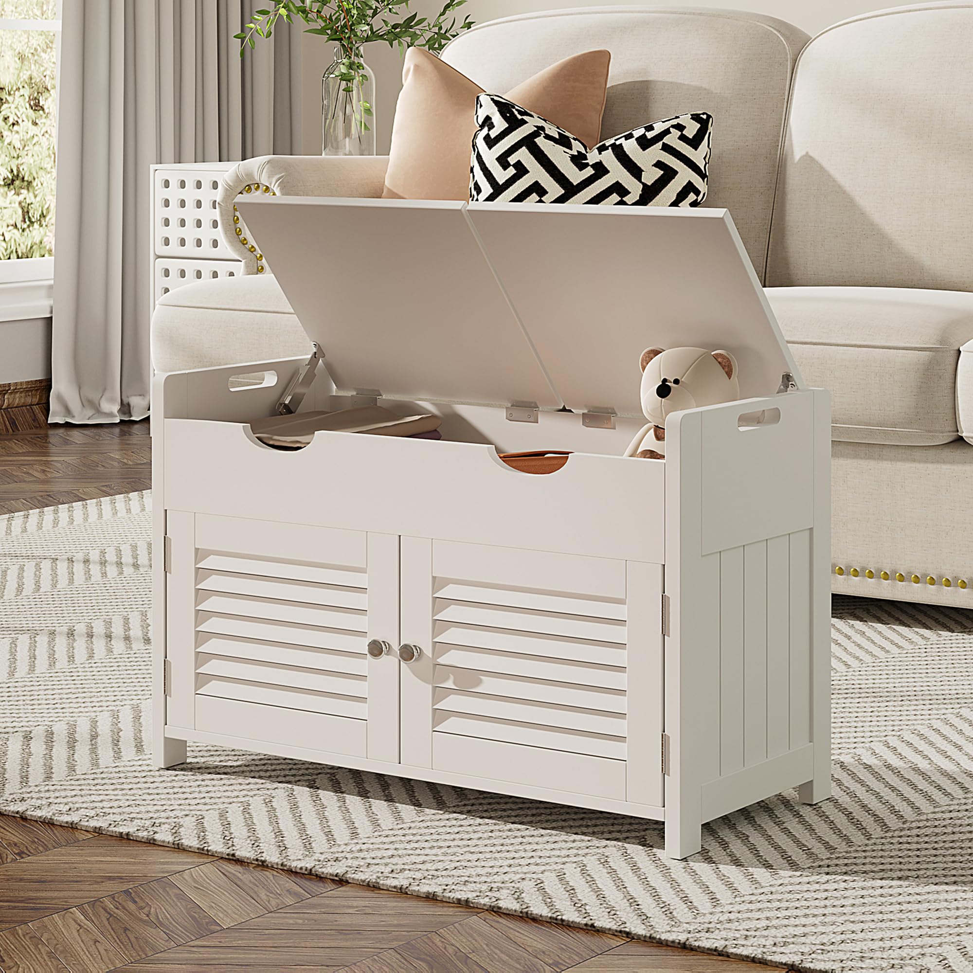 White Shoe Storage Bench with Lift Top - Entryway Bench with 2 Cushioned Seats, 3 Compartments & Adjustable Shelf - Hidden Storage Shoe Cabinet for Entryway, Bedroom & Living Room - Perfect for Organizing Shoes, Hats & Seasonal Items in Small Spaces