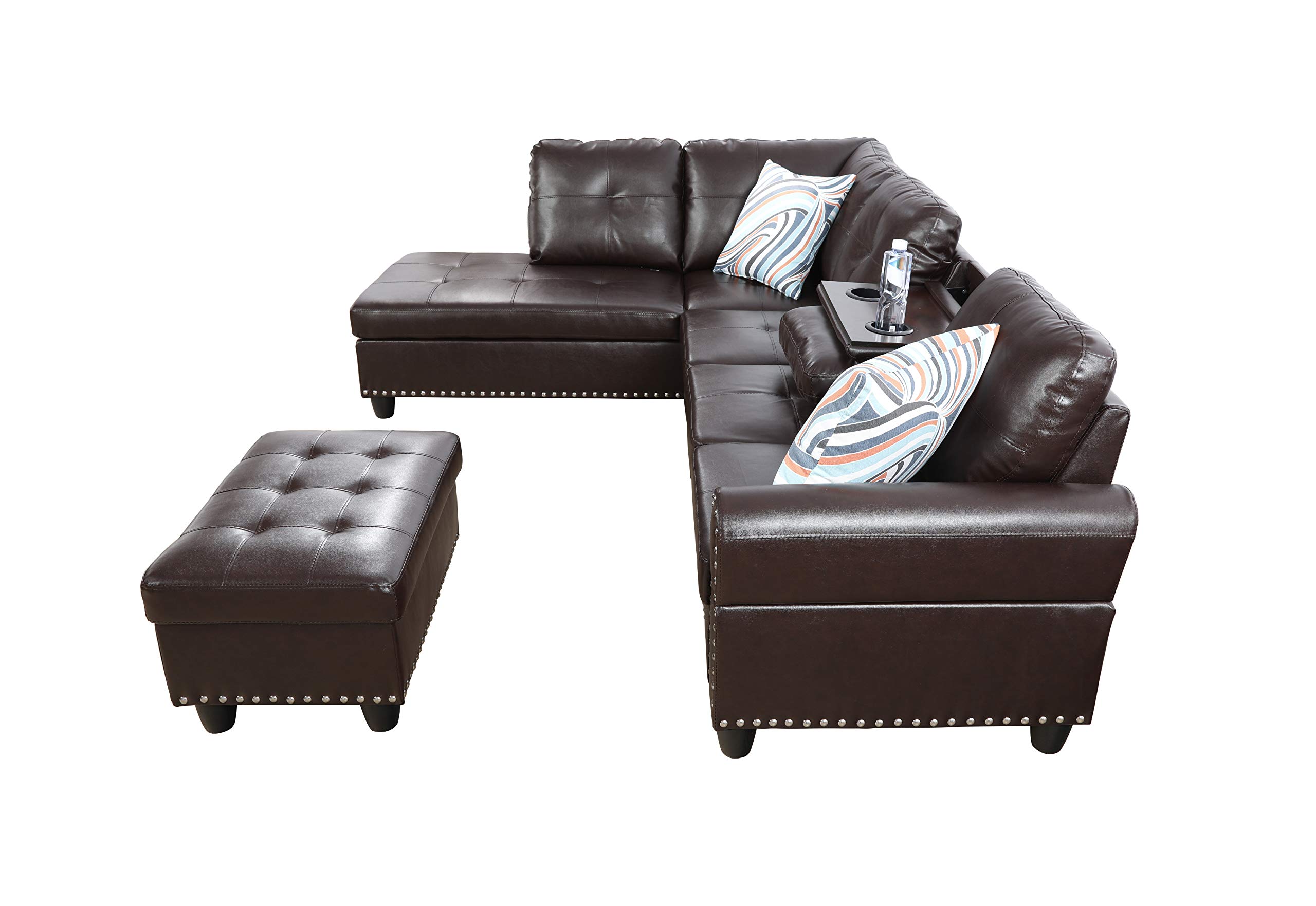 Modern L-Shaped Sectional Sofa with Chaise & Storage Ottoman - 3-Piece Faux Leather Living Room Couch with Cup Holders, Drop-Down Table & Memory Foam Cushions (Brown, Left-Facing) - Perfect for Small Spaces, Apartments and Cozy Family Gatherings
