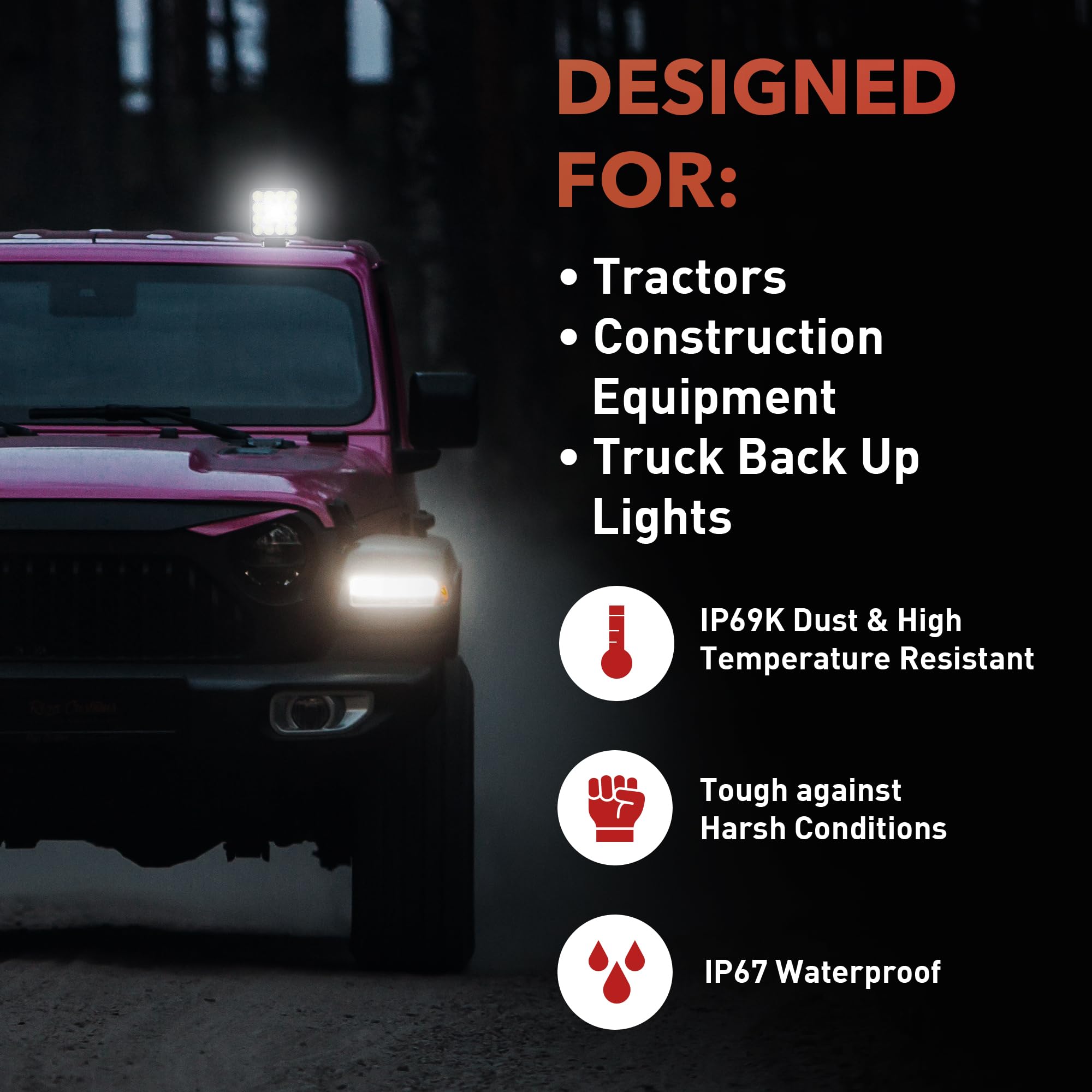 80W LED Work Light for Outdoor Construction - Premium Fog Lights for Tractors & Heavy Equipment - Waterproof & Dustproof 4.2 Inch Backup Lights for Trucks (EL204) - Perfect for Job Sites, Farms & Off-Road Vehicles