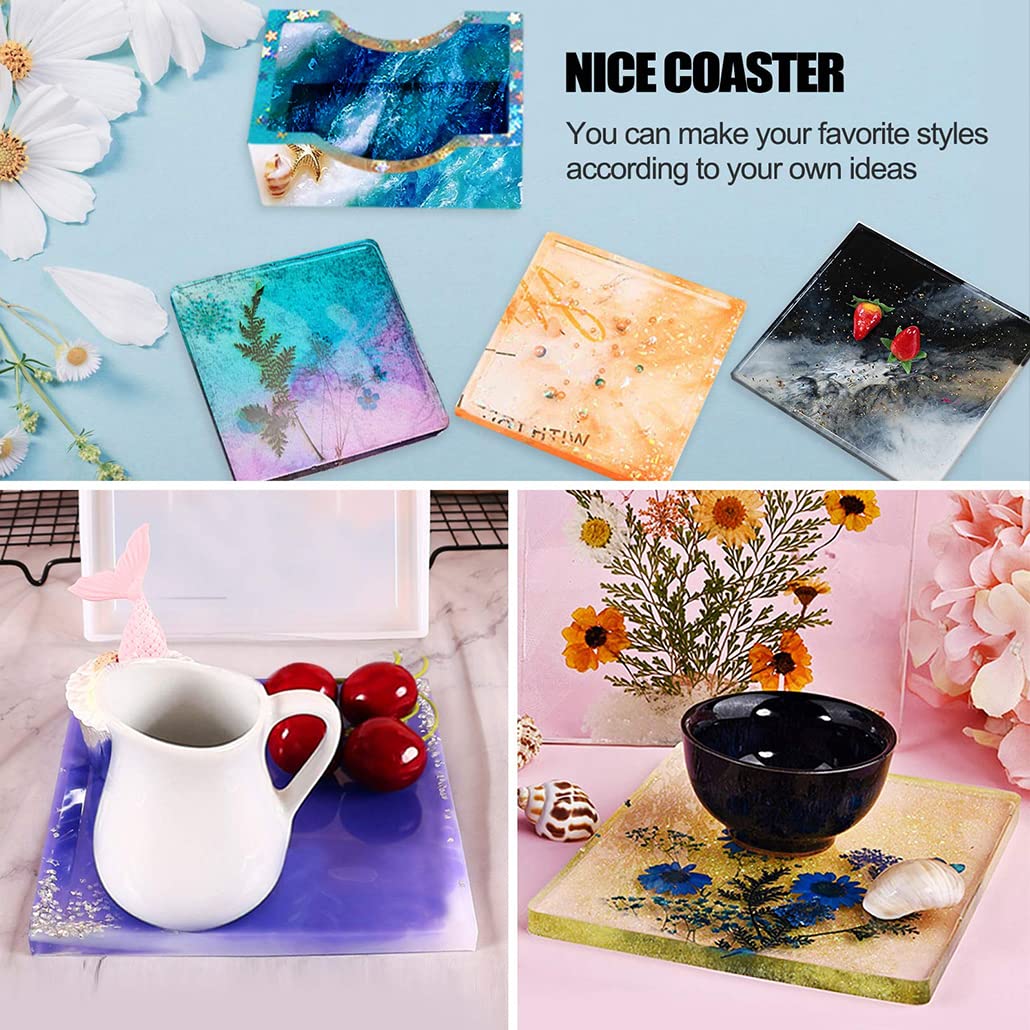 2Pcs Square Resin Coaster Molds with Holder & 4Pcs Fixed Plates - DIY Epoxy Cup Mat Silicone Molds for Crafting, Resin Art, Home Decor - Perfect for Coffee Tables, Dining Tables, and Gift Making