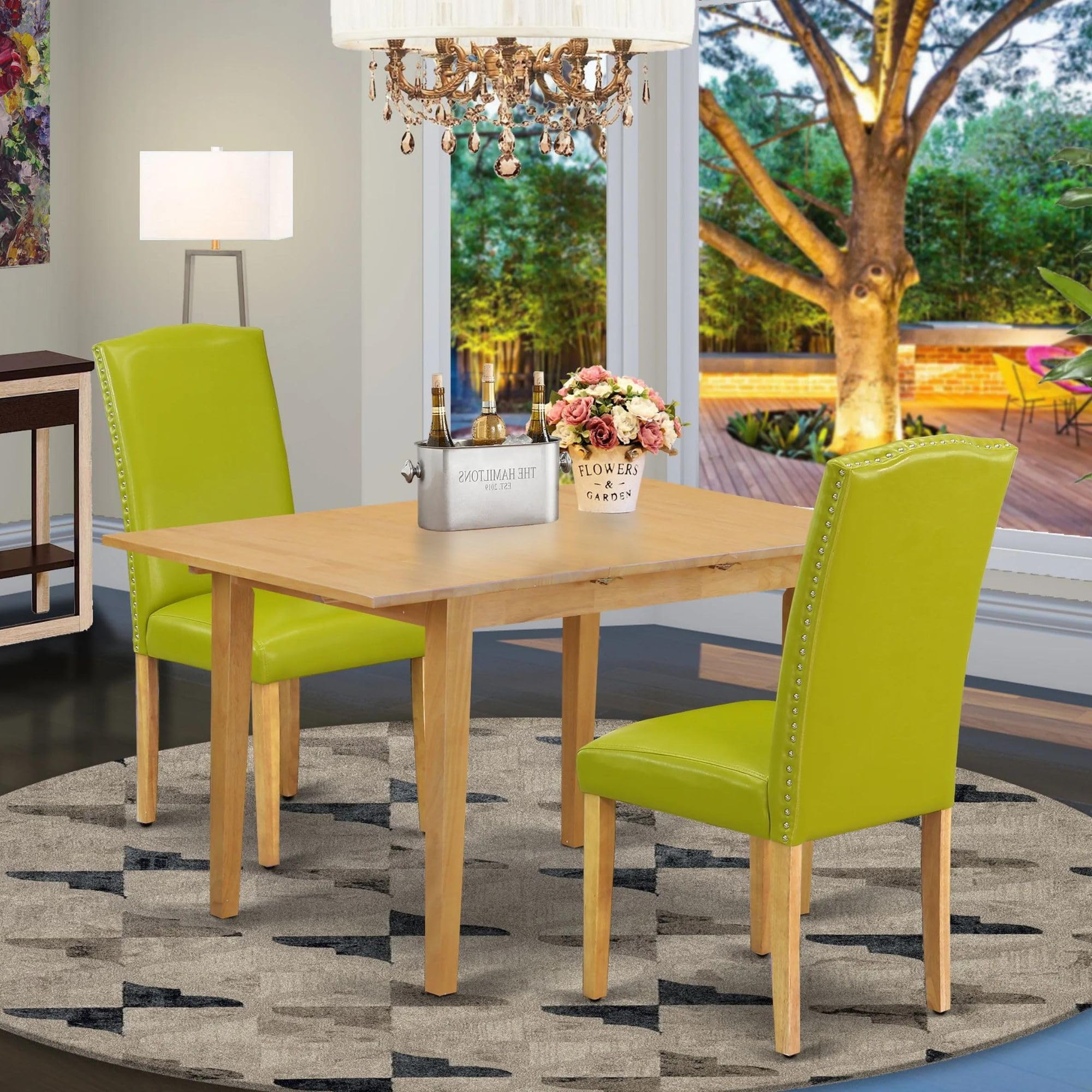 East West Furniture 3 Piece Dining Room Table Set with Butterfly Leaf - 32x54 Inch Oak Rectangle Kitchen Table & 2 Autumn Green Faux Leather Parsons Chairs - Perfect for Small Spaces, Breakfast Nooks & Cozy Family Meals