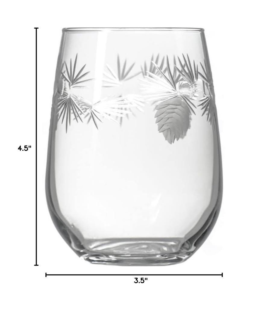 Premium Rolf Glass Icy Pine Stemless Wine Tumbler Set of 4 - 18oz Lead-Free Etched Glassware - Elegant Stemless Wine Glasses Made in USA - Perfect for Dinner Parties, Wine Tasting & Home Entertaining
