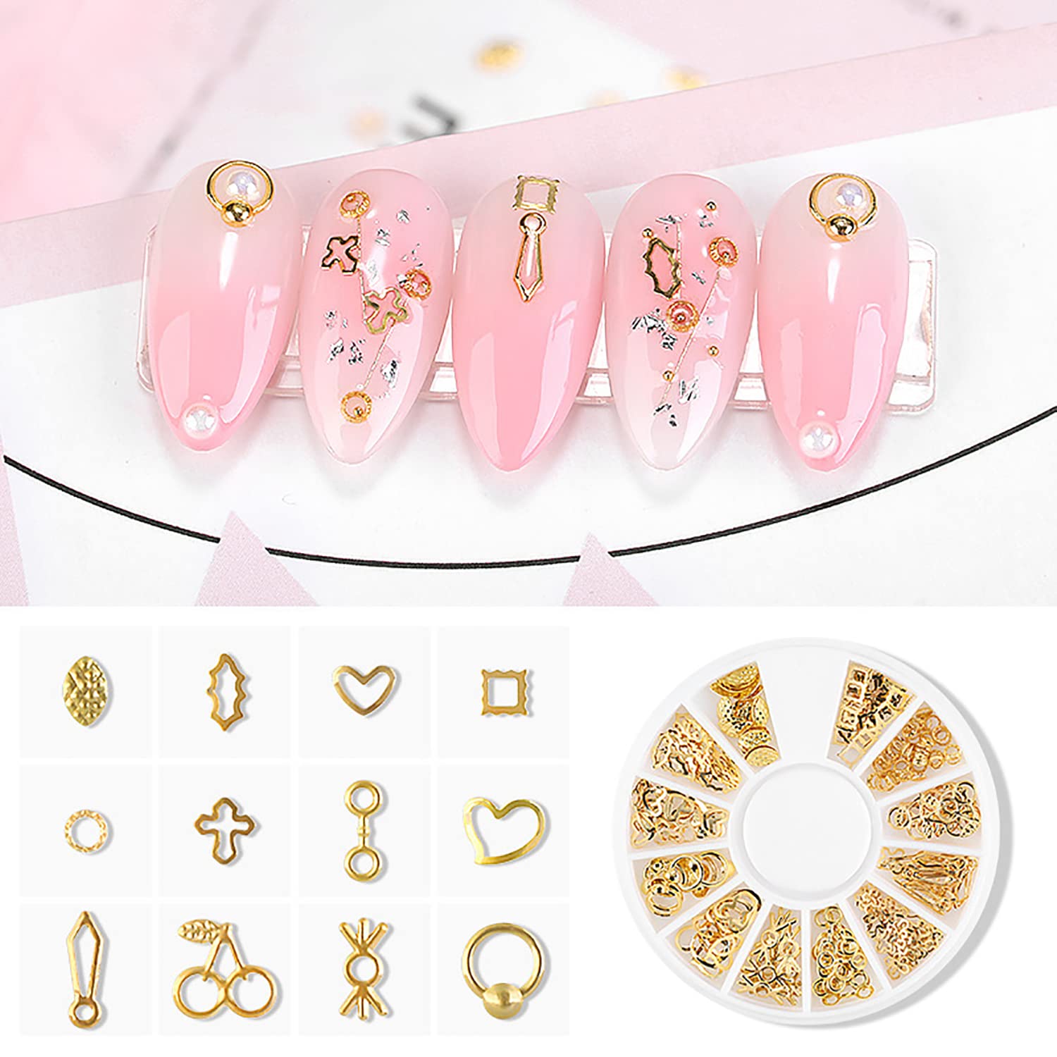 DANNEASY 6 Boxes Gold Nail Charms for Acrylic Nails - Metal Hollow Nail Studs with Heart, Moon, Star & Cross Designs - 3D Nail Art Jewels for DIY Manicure & Nail Decoration - Perfect for Parties, Weddings & Salon Use
