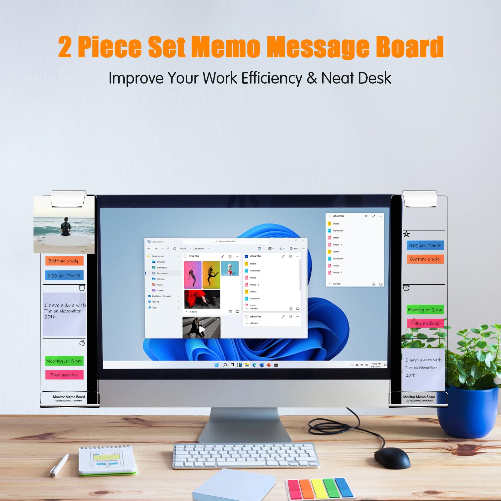 SIBEITU Acrylic Monitor Memo Board - 2 Pack Multifunctional Sticky Note Holder for Computer Screen | Office Desk Accessories with Random Sticky Notes | Perfect for Home Office, Workstation & Study Desk Organization