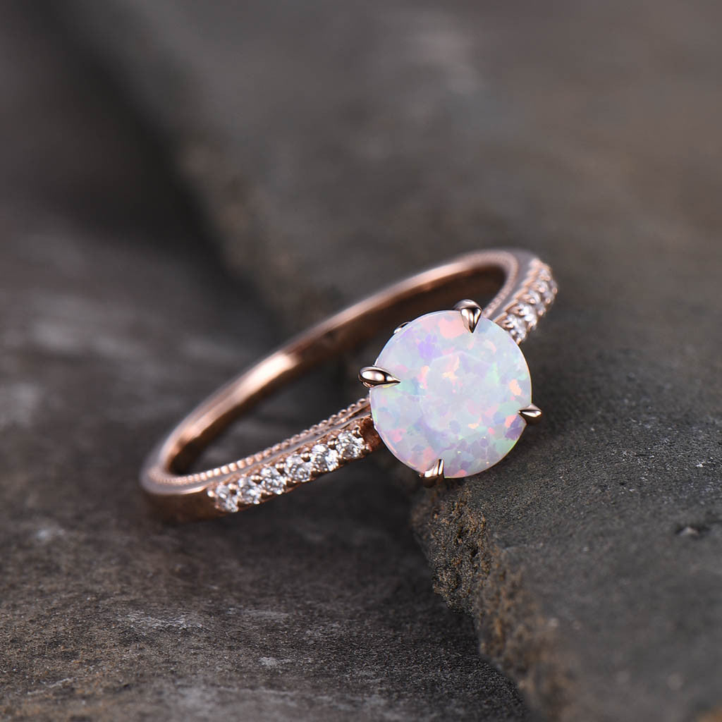 Opal Solitaire Engagement Ring for Women - 14K Rose Gold Wedding Band, Elegant Promise Ring for Her | Perfect for Proposals, Anniversaries & Special Occasions