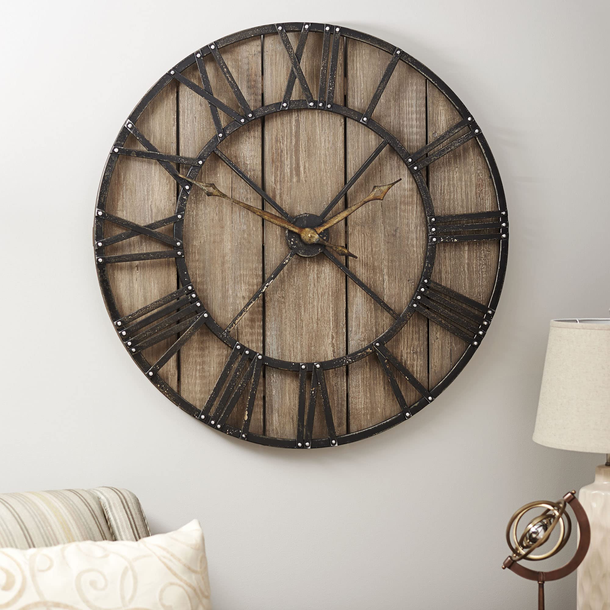 Rustic Oversized Wall Clock - Large Decorative Wood & Metal Wall Clock for Farmhouse, Living Room, Bedroom, Office - Brown Wood & Black Metal Finish