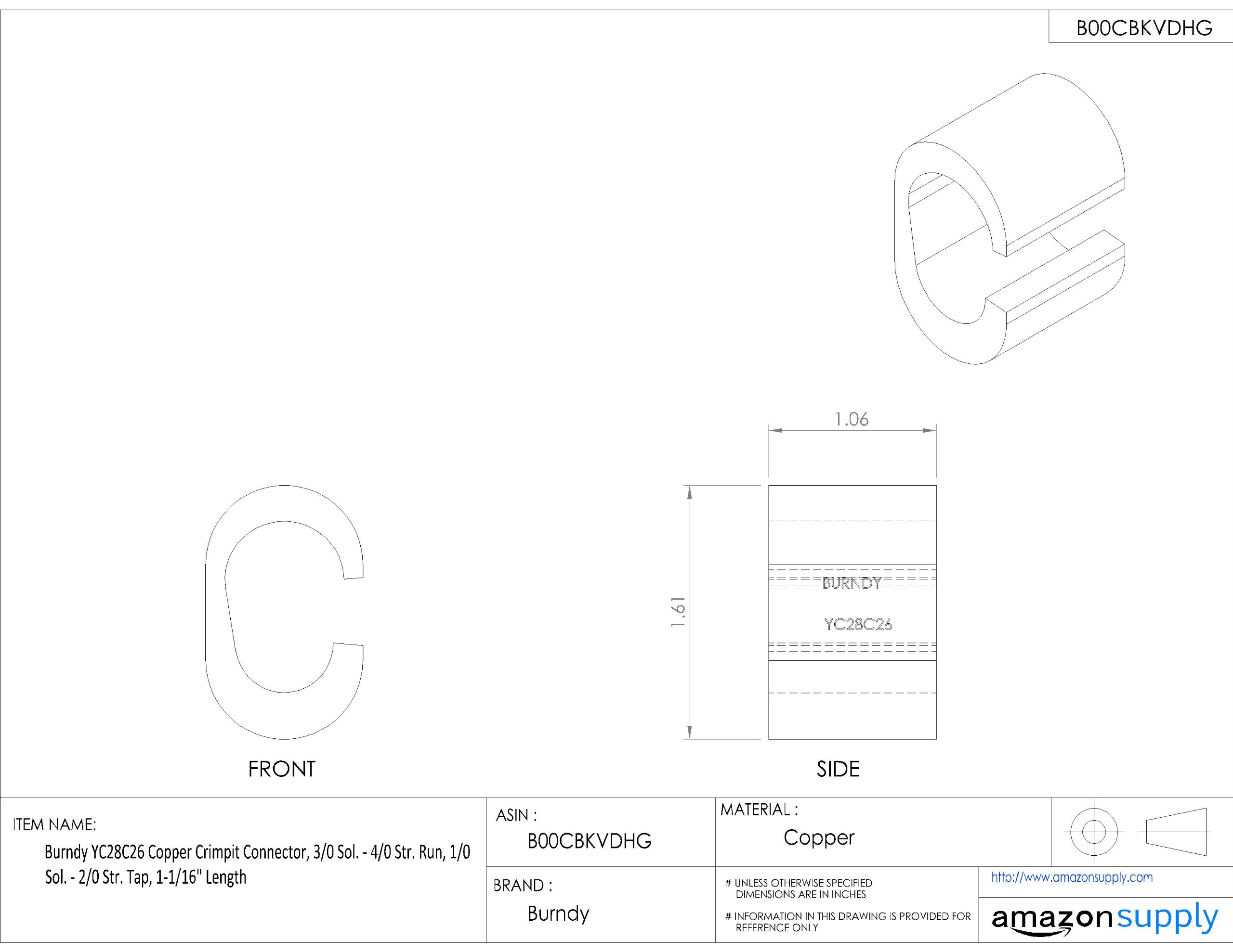 Burndy YC28C26 Copper Crimp Connector for 3/0 Sol - 4/0 Str Run & 1/0 Sol - 2/0 Str Tap | 1-1/16