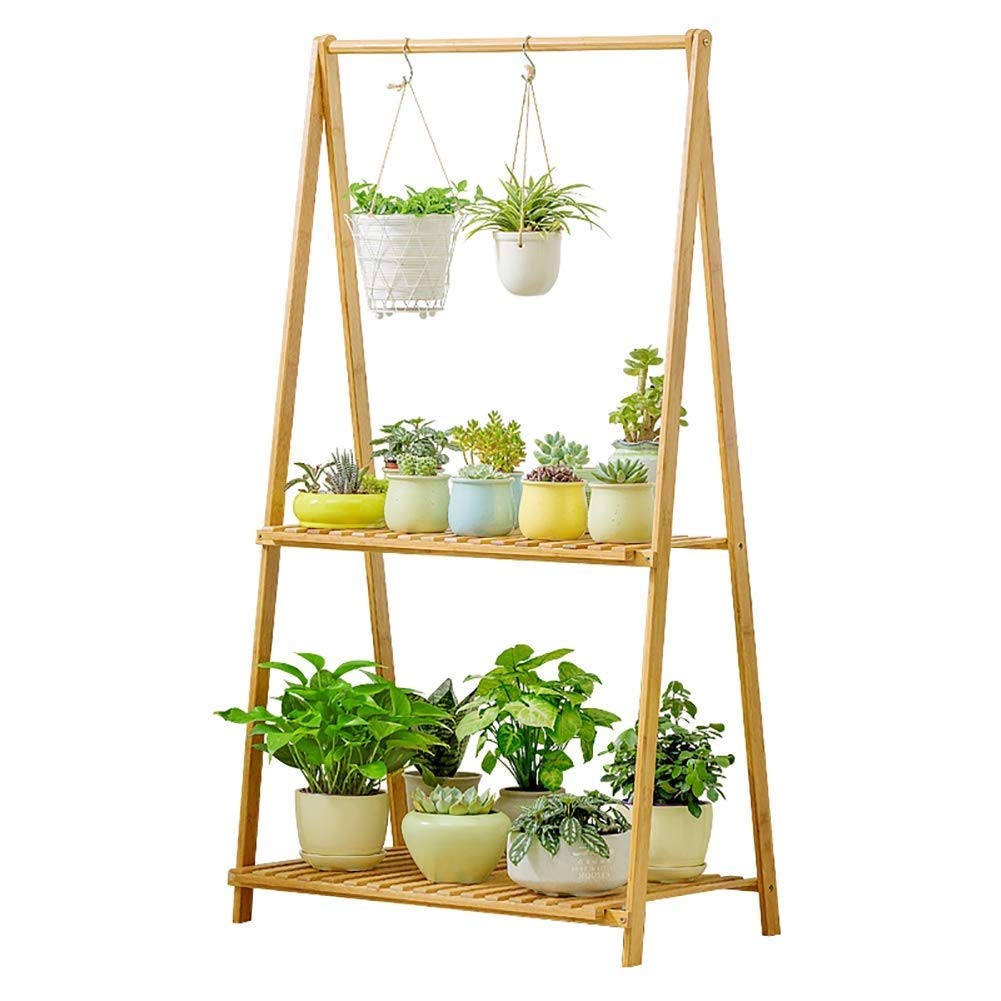 3-Tier Bamboo Hanging Plant Stand - Foldable Wooden Flower Pot Organizer for Indoor/Outdoor Use - Bonsai Display Shelf (70x43x129cm/28x17x51in) - Perfect for Balcony, Garden, Patio & Home Decor
