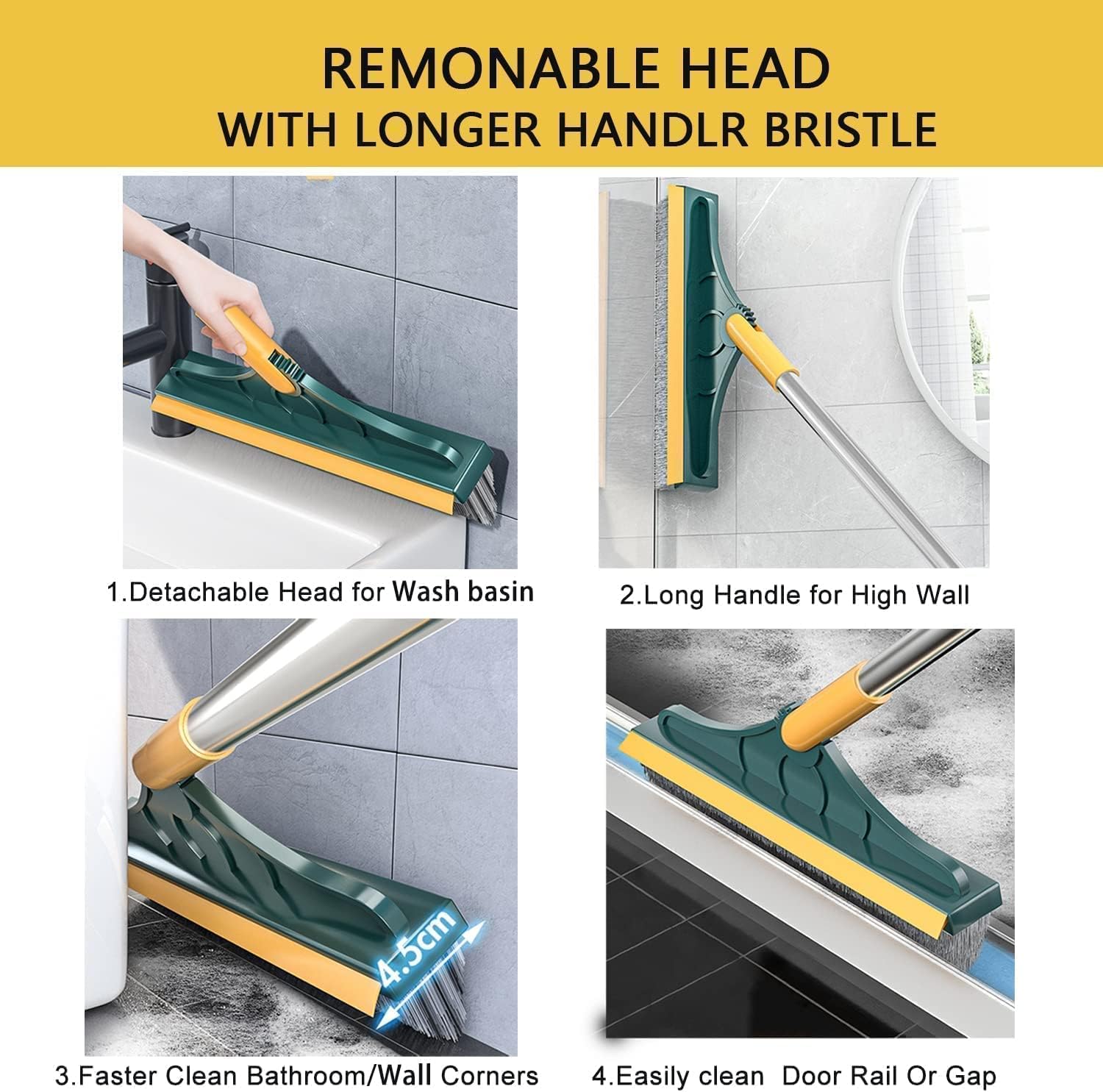 UPTRONIC 2 in 1 Bathroom Cleaning Brush with Wiper & Squeegee - Long Handle Tile Scrubber for Shower, Floor & Window Cleaning - Multi-Surface Scrub Brush with Squeezer (Green) - Perfect for Bathrooms, Kitchens & Glass Surfaces