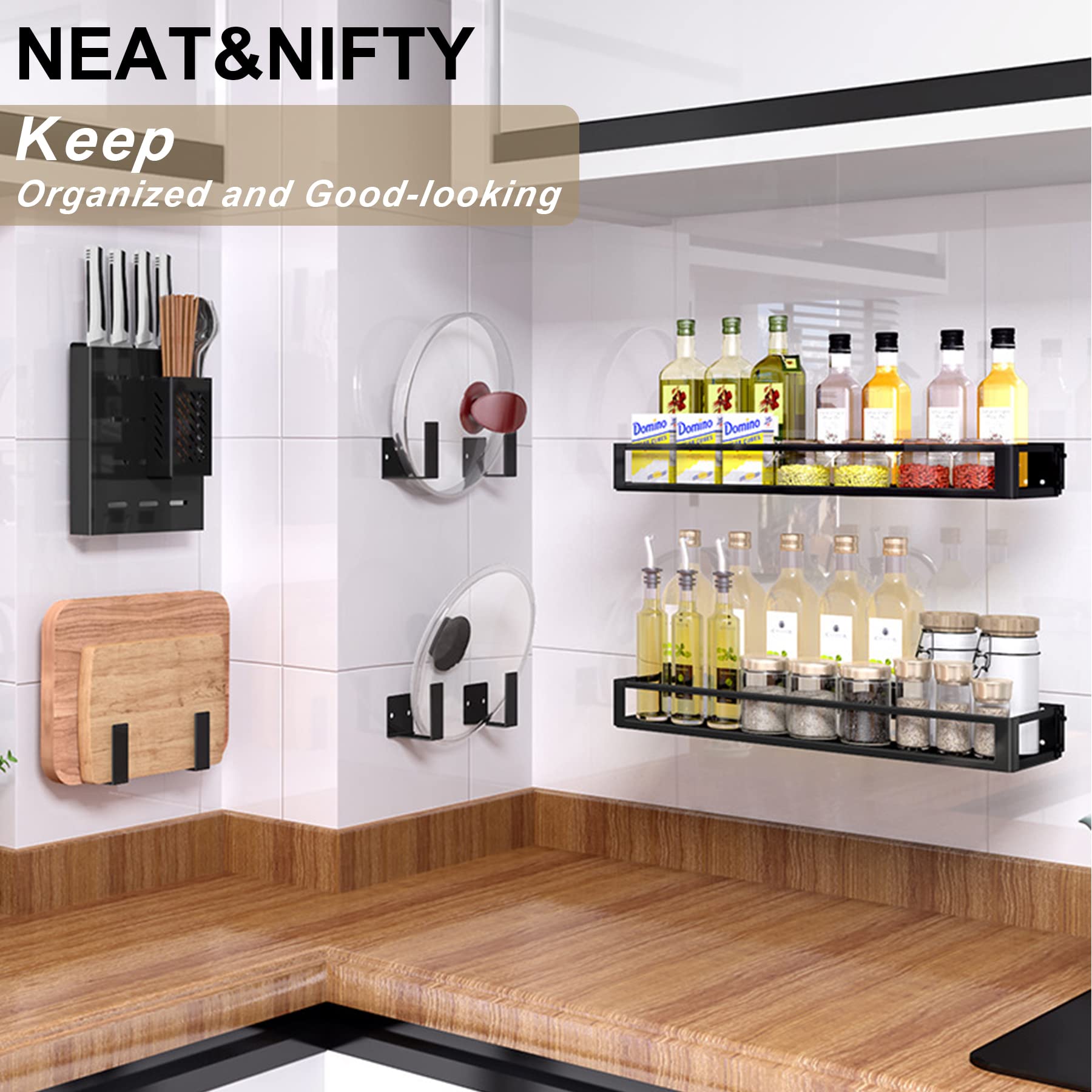 Wall Mounted Kitchen Organizer & Storage Rack - Space Saving Pot Lid Holder, Pan Rack & Utensil Organizer for Seasonings, Silverware, Cutting Boards & Dishes | Perfect for Small Kitchens & Apartment Cooking