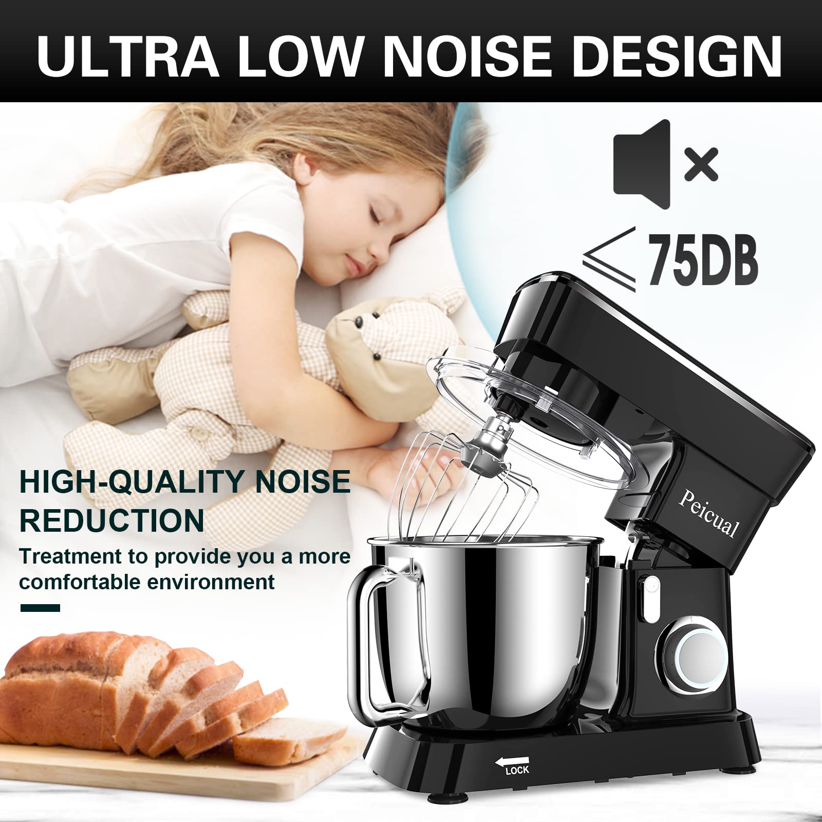 6QT Stand Mixer, 10-Speed Tilt-Head Electric Kitchen Mixer with Stainless Steel Bowl, Dough Hook, Flat Beater & Wire Whisk - Perfect for Baking, Whipping Cream & Kneading Dough - Black