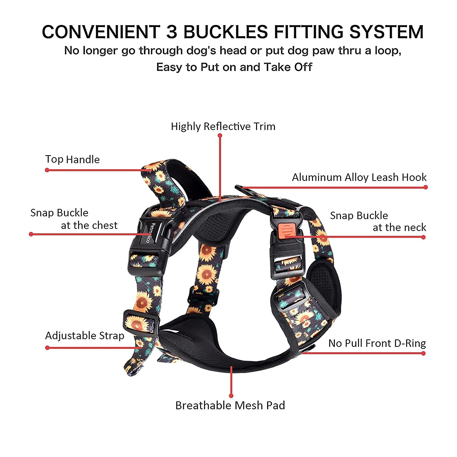 Petmolico No Pull Dog Harness Set with Leash - Reflective Adjustable Vest for Small Dogs & Puppies, Easy Control Handle & Poop Bag Holder - Sunflower Pattern - Perfect for Walking, Training & Outdoor Adventures