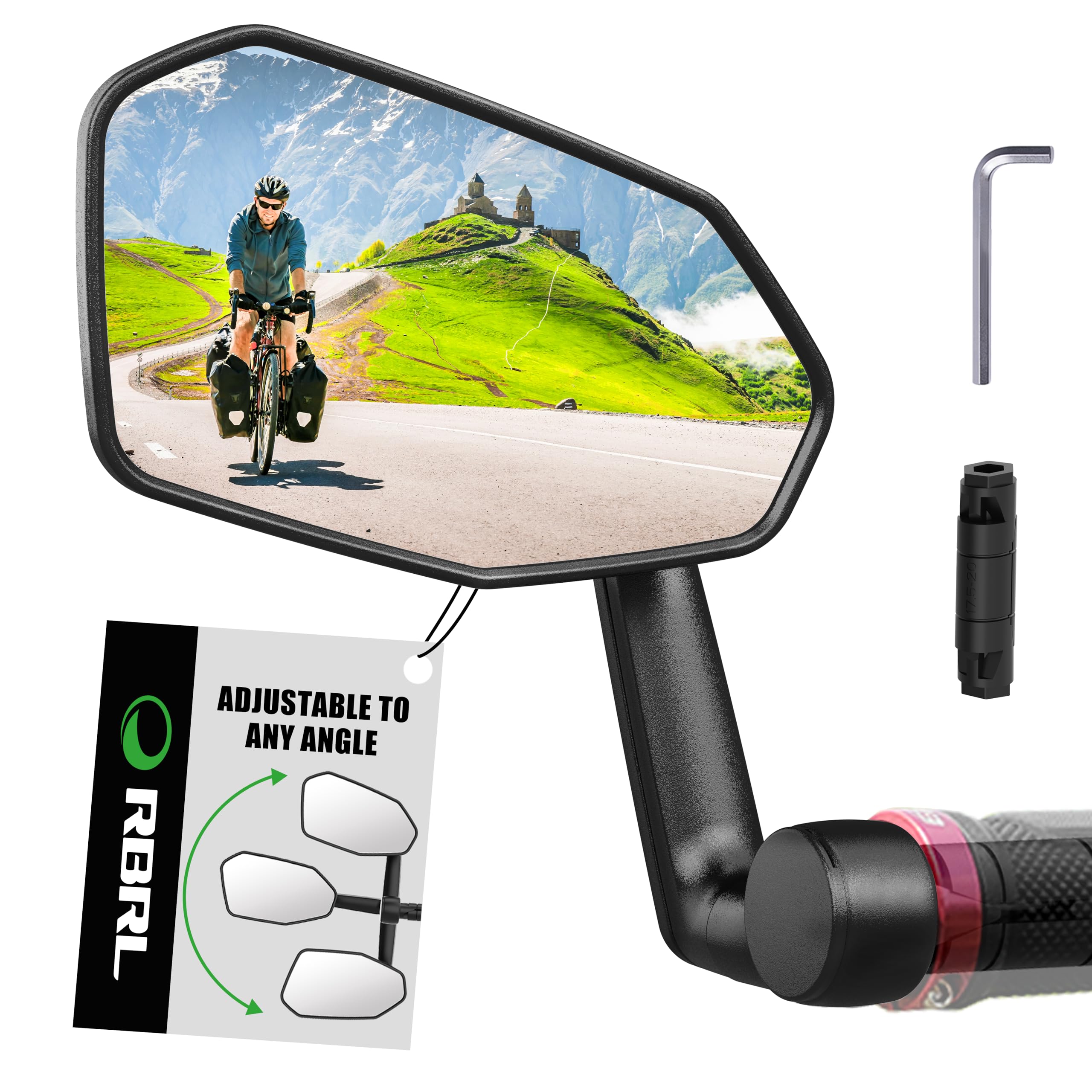 RBRL Extra Large 360° Adjustable Shatterproof Bicycle Mirror - Durable Bar End Rear View Bike Mirror for E-Bike, Mountain Bike & Road Bike (Left) - Perfect for Commuting, Cycling Safety & Urban Riding