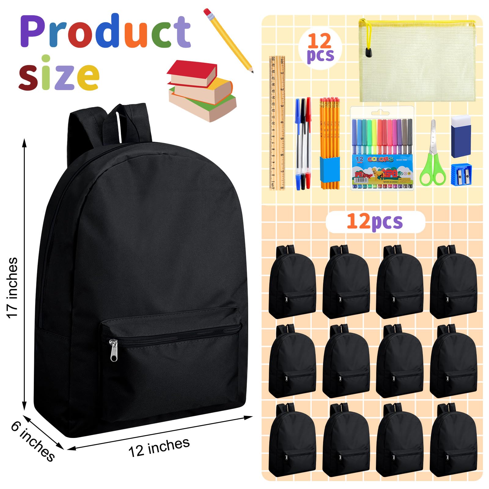 Silkfly 24-Piece Backpack Set with 17-Inch School Bags & 24 Stationery Kits - Complete Back to School Supplies for Kids (Black) - Perfect for Classroom, Homeschooling & Student Essentials