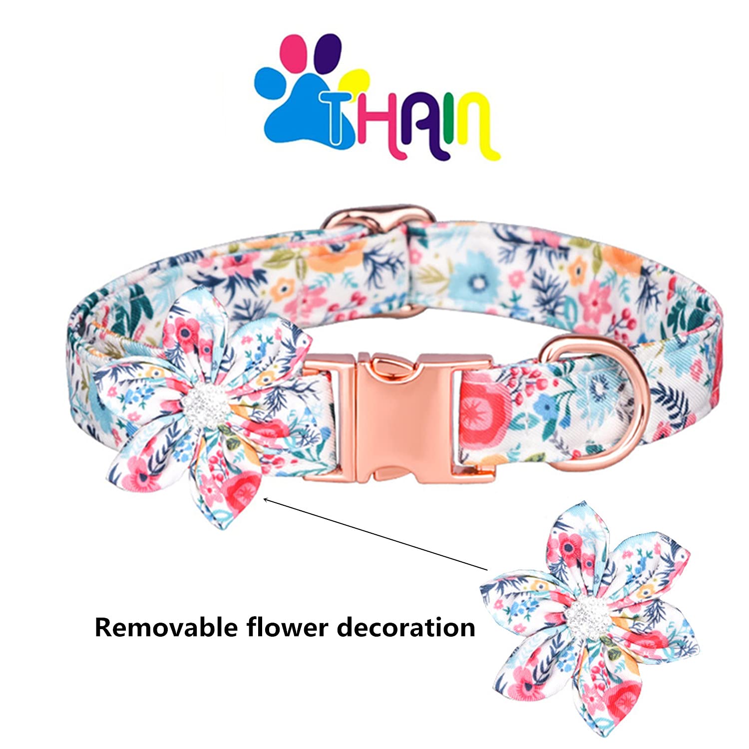 Custom Personalized Floral Dog Collar for Female Dogs - Engraved Name, Rose Gold Buckle, S (10.2-16.5