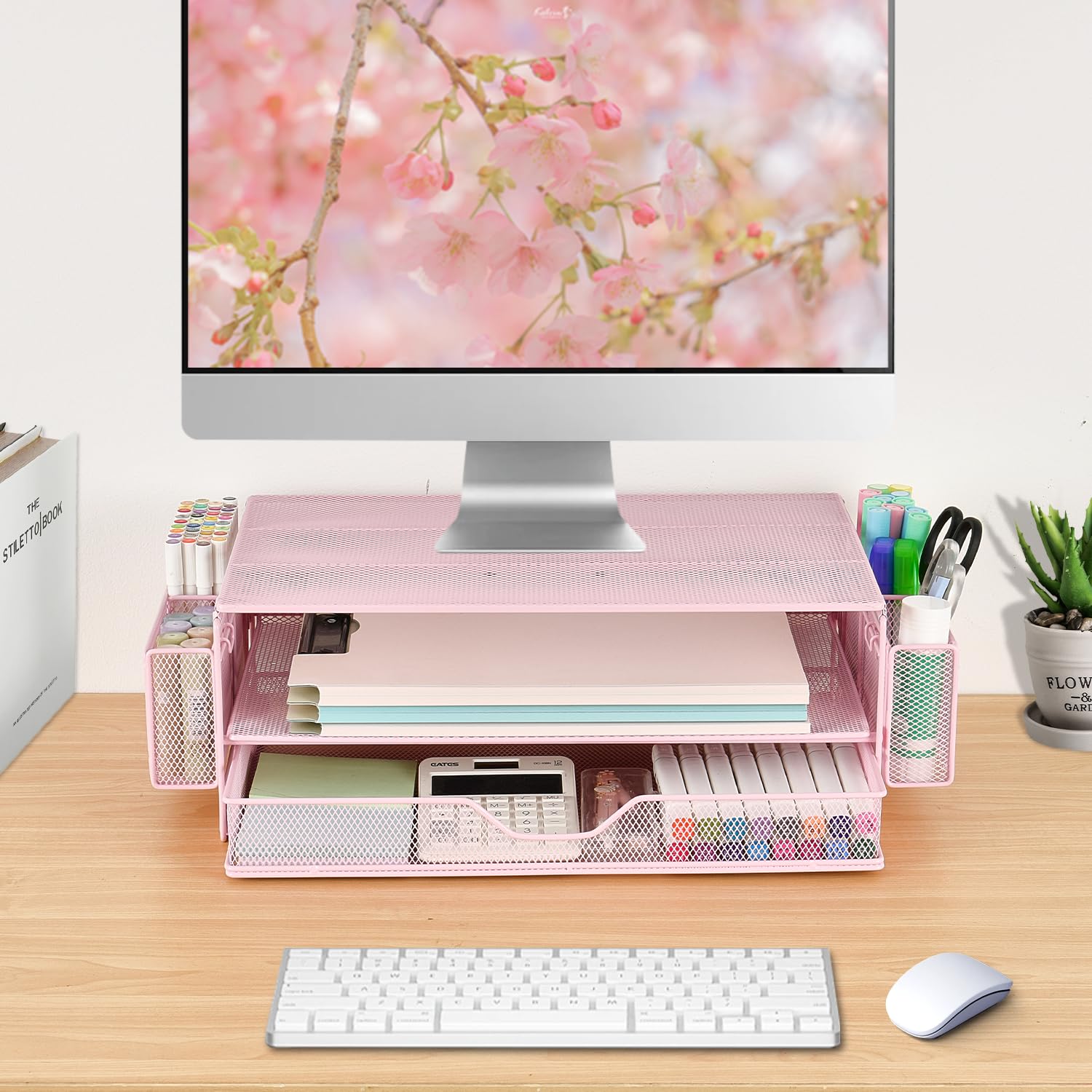 AUPSEN Adjustable Monitor Stand with Storage Drawer & Pen Holders - Ergonomic Desk Organizer for Computer, Laptop, Printer - Office & Home Workspace Accessories (Pink) - Perfect for Small Spaces & Clutter-Free Desktops