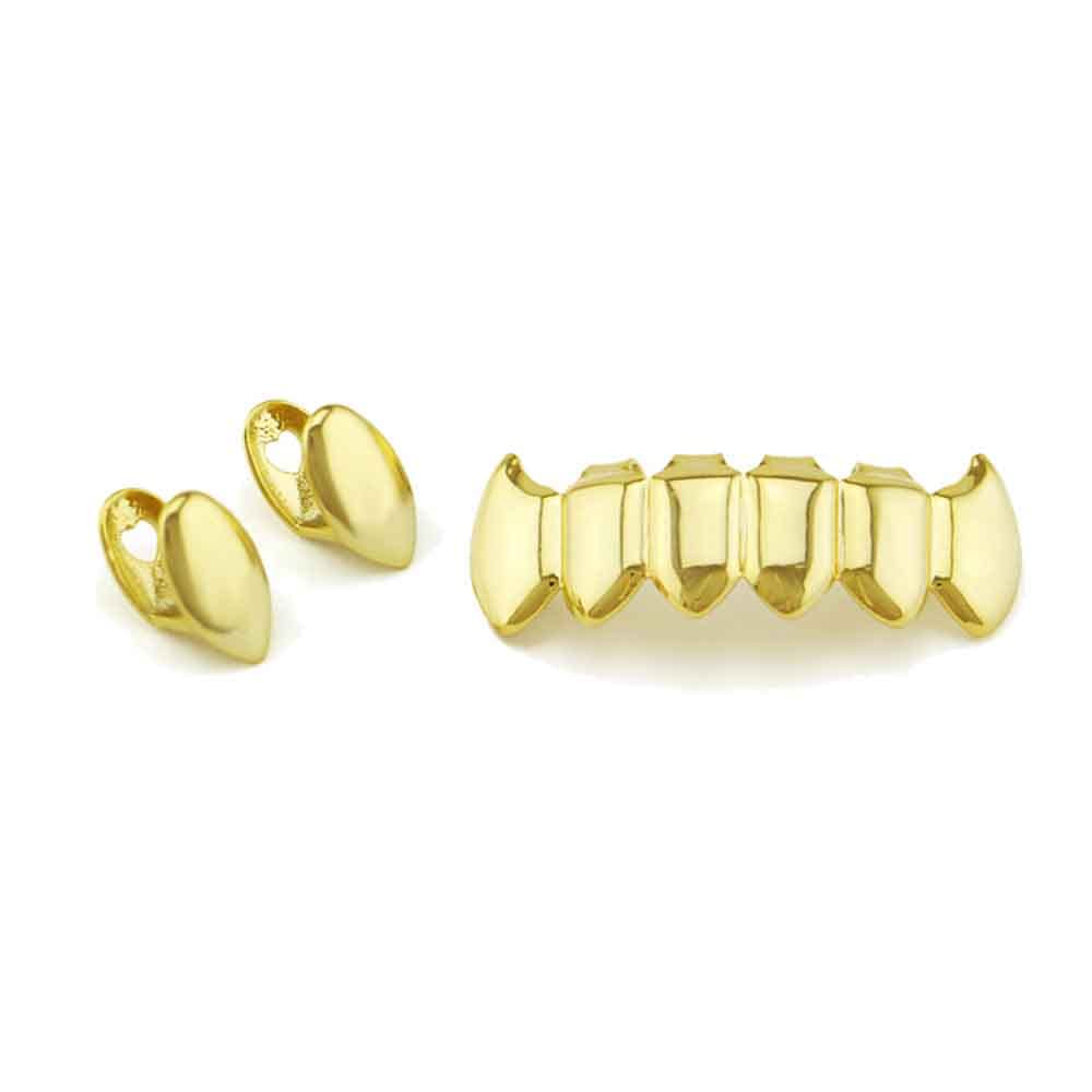 Psivika Gold Plated Shiny Hip Hop Grillz Teeth Caps - Iced Out CZ Top & Bottom Vampire Fangs Grillz for Men & Women | Perfect for Rap Performances, Music Videos & Streetwear Fashion