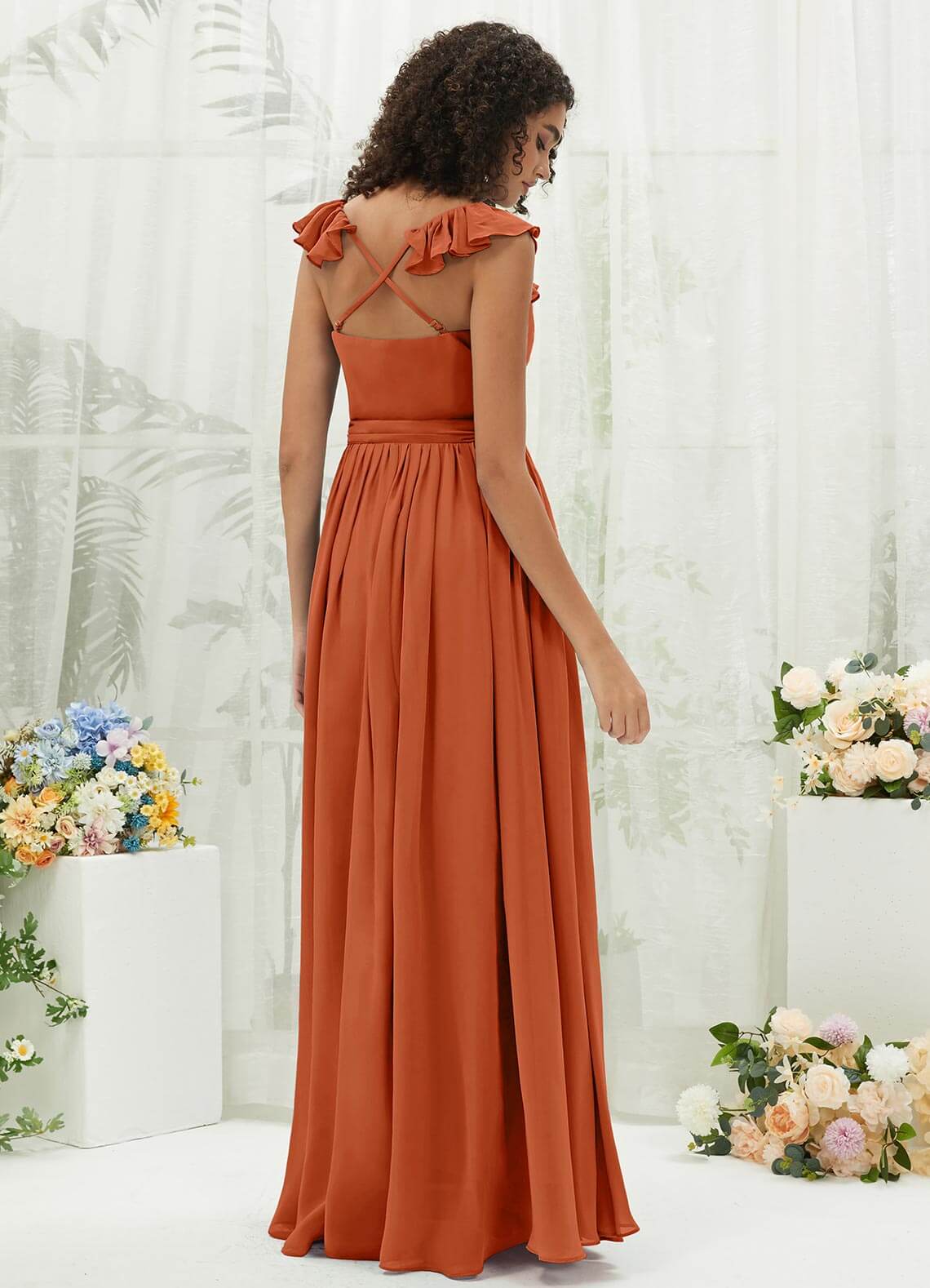 Elegant Burnt Orange Chiffon Bridesmaid Dress with Ruffle Detail & Cross Straps - Perfect for Weddings, Formal Events & Special Occasions
