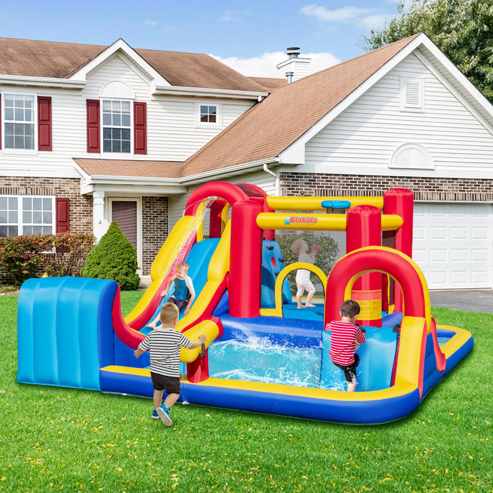 **OLAKIDS Inflatable Water Slide - 8-in-1 Bounce House Water Park with 2 Slides, Splash Pools, Climbing Wall, Water Gun & Basketball Rim | Outdoor Inflatable Obstacle Course for Kids | Perfect for Backyard Parties, Summer Fun & Outdoor Play**