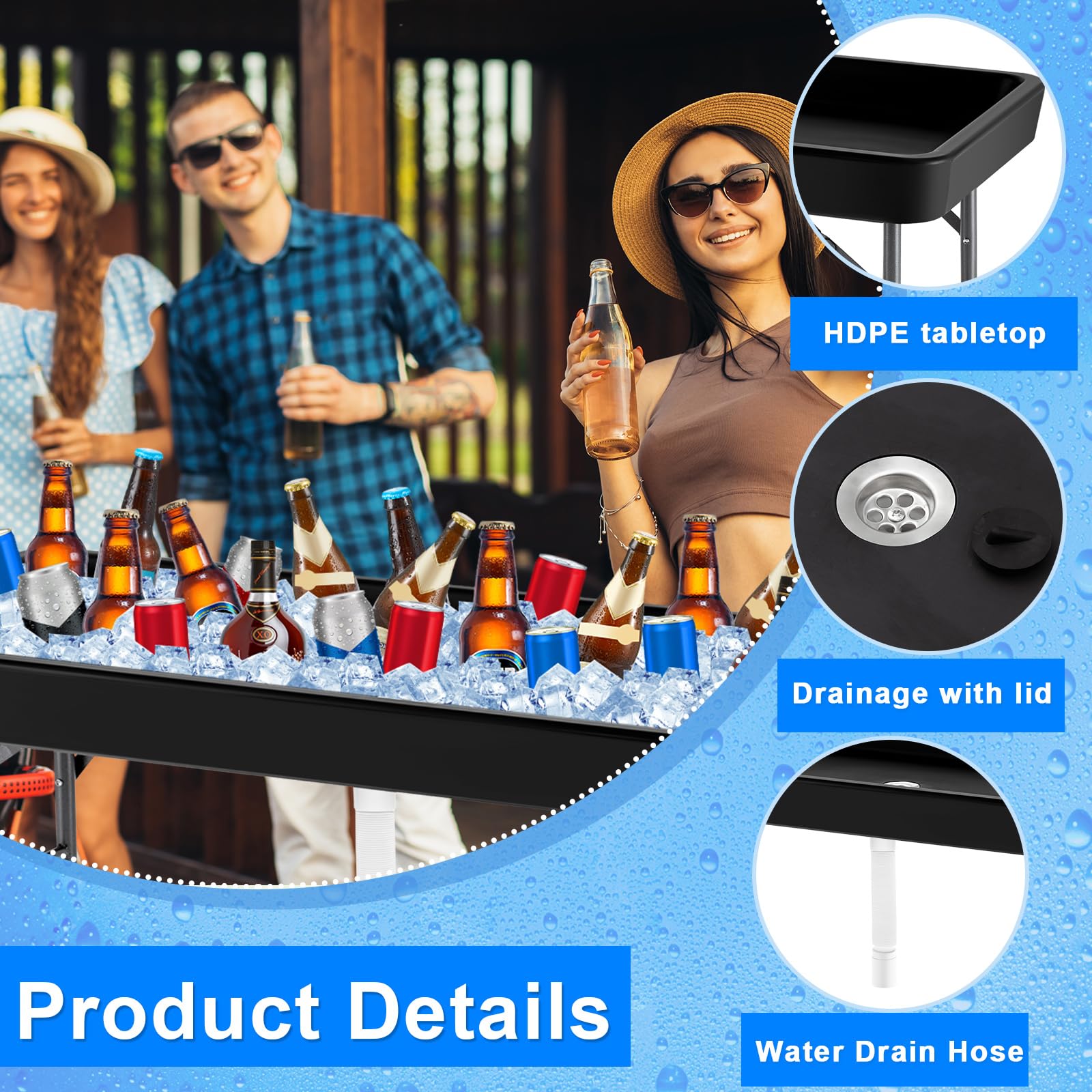 Suzile 4-Foot Folding Ice Table with Drain - Portable Cooler Table for Outdoor, Picnic, BBQ, Camping & Wedding | Black | Keep Food & Drinks Cold at Parties, Tailgates & Beach Outings