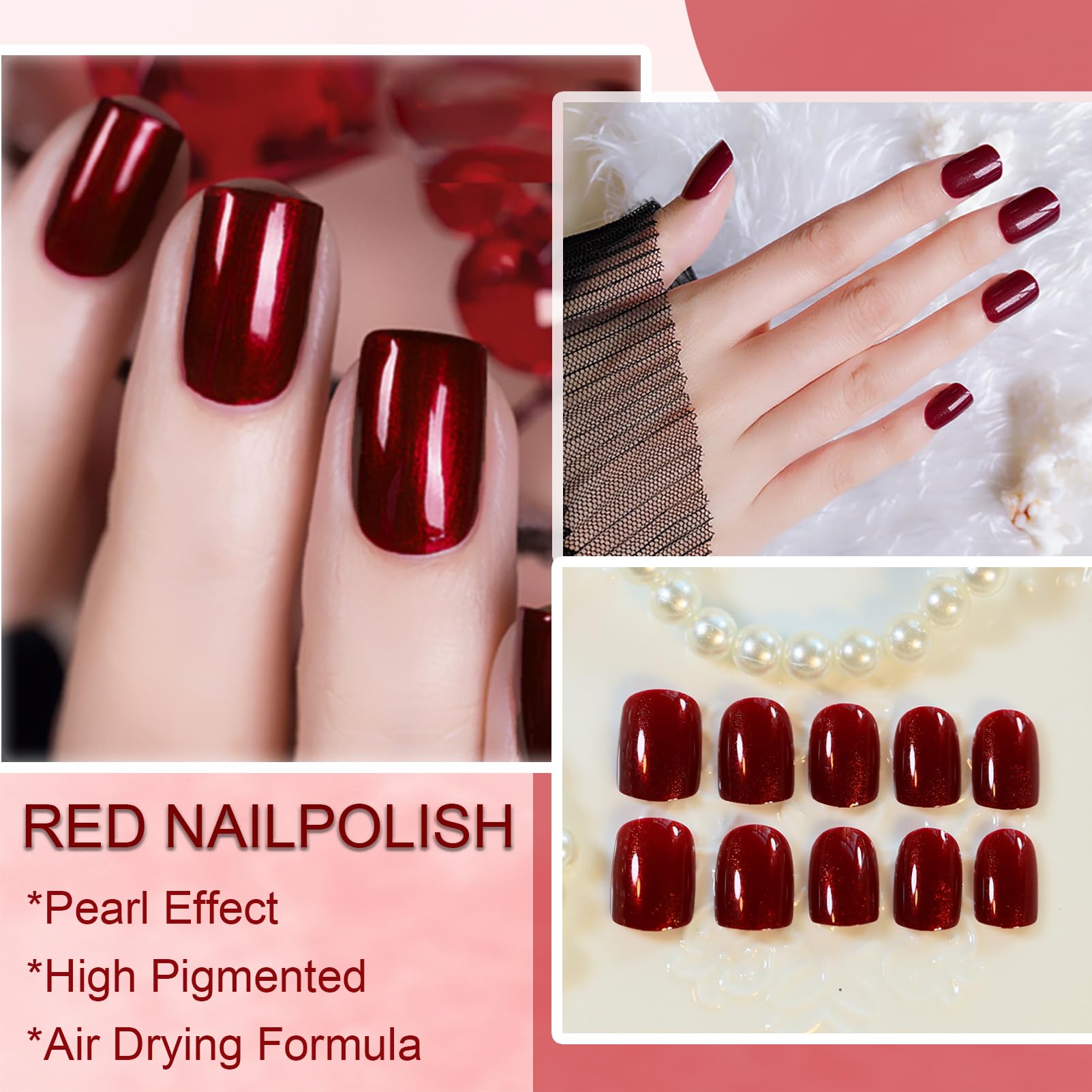 Pearl Gel Nail Polish - Deep Blood Red Shimmer Nail Color | No UV/LED Lamp Needed | Air Dry Formula for Beginners | 12ml DIY Home Manicure Kit | Perfect for Parties, Weddings & Special Occasions