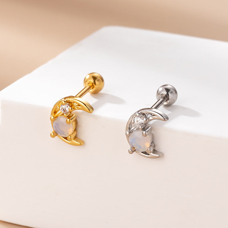 20G Cartilage Tiny Moon Earrings - Flat Back Opal Stud Earrings for Women | Dainty Jewelry for Everyday Wear, Gift for Her, Boho Style Earrings for Parties & Special Occasions