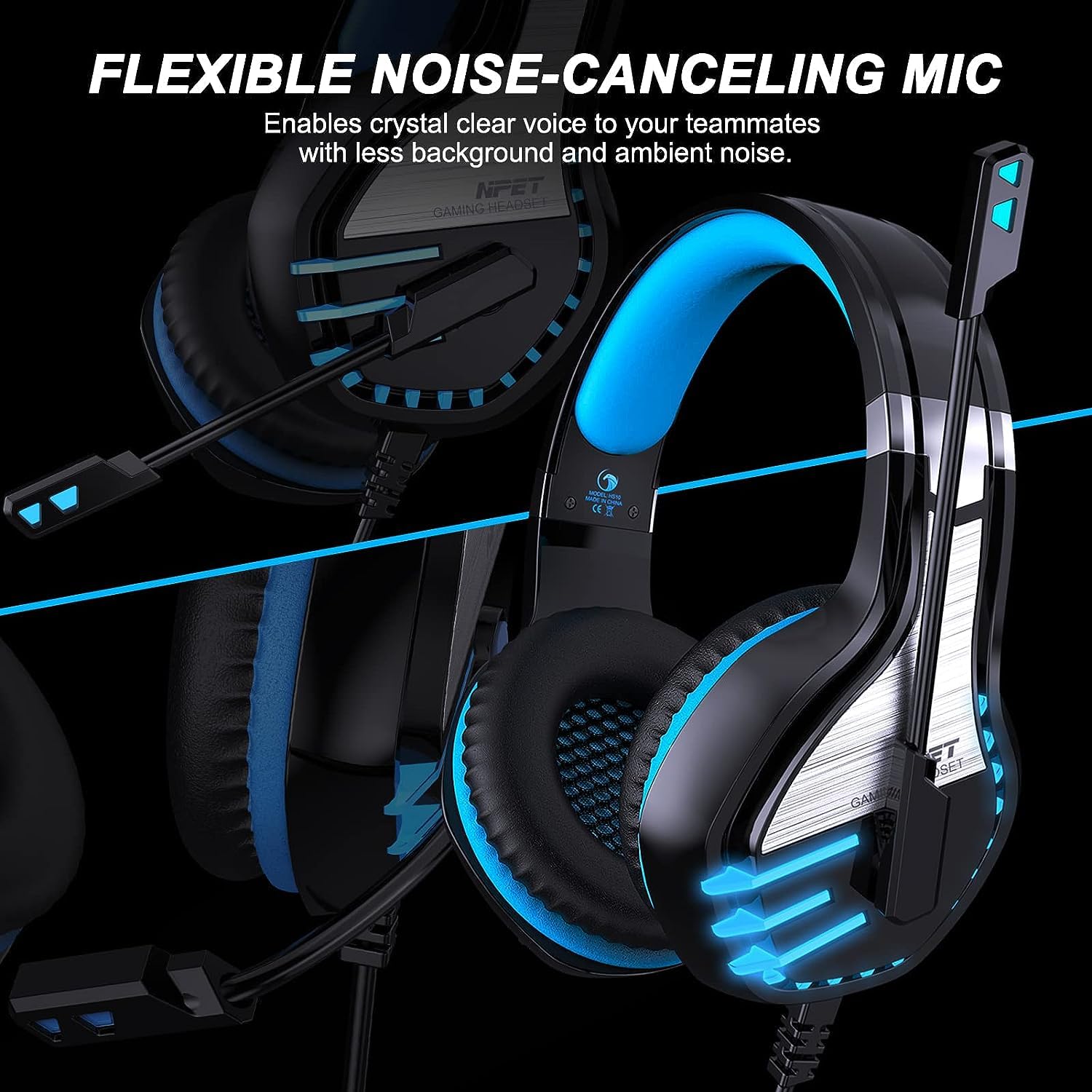 NPET HS10 Stereo Gaming Headset - 2 Pack Noise Cancelling Over-Ear Headphones with Mic for PS5, PS4, Xbox One & PC | LED Lights, Bass Surround, Soft Memory Earmuffs (Blue) - Perfect for Gaming, Streaming & Online Classes