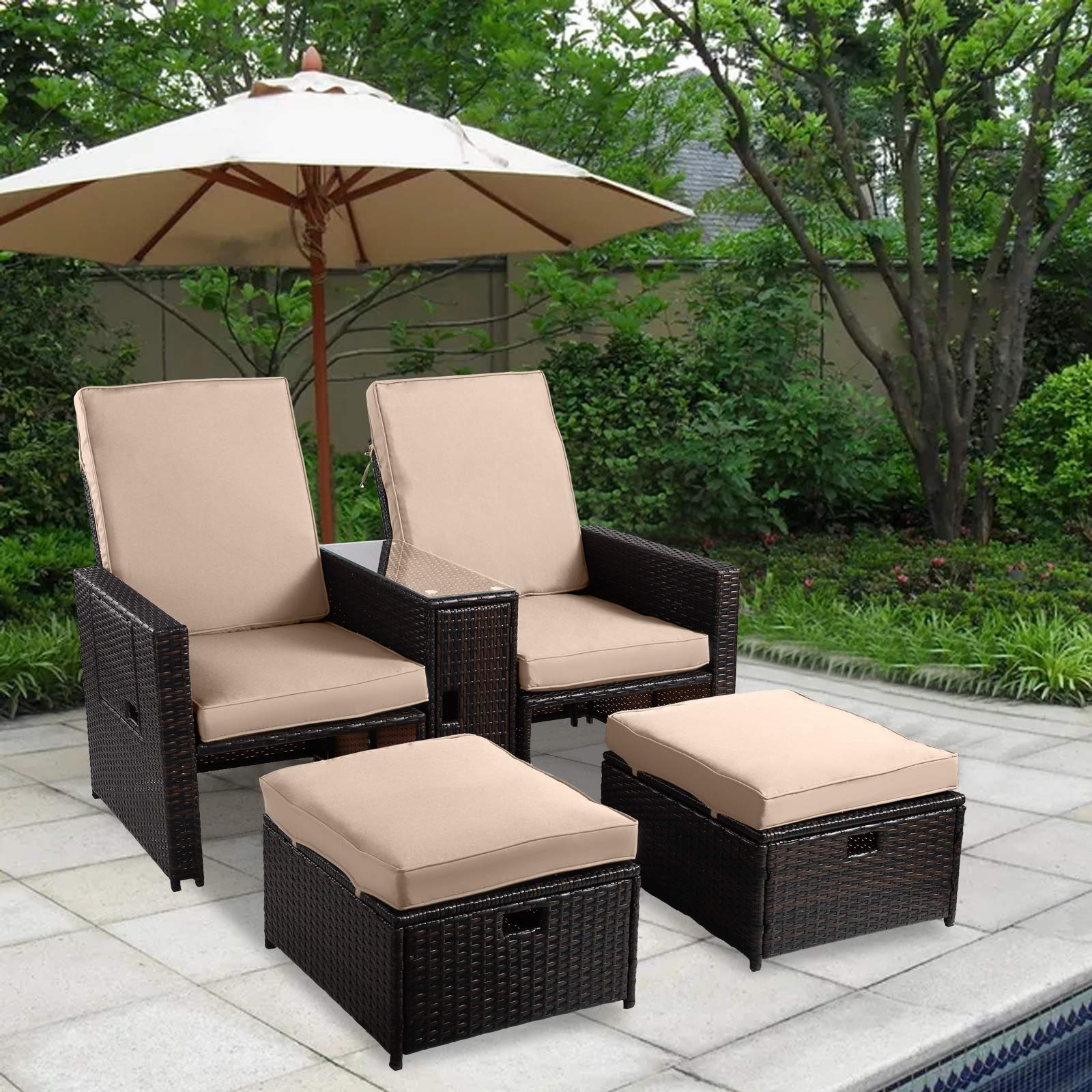 5PCS Outdoor Patio Furniture Set - Wicker Loveseat Sofa with Adjustable Backrest, Coffee Table & Ottoman - Rattan Lounge Chair for Garden, Beach, Poolside, Balcony, Backyard, Deck - Perfect for Relaxing, Entertaining & Outdoor Dining