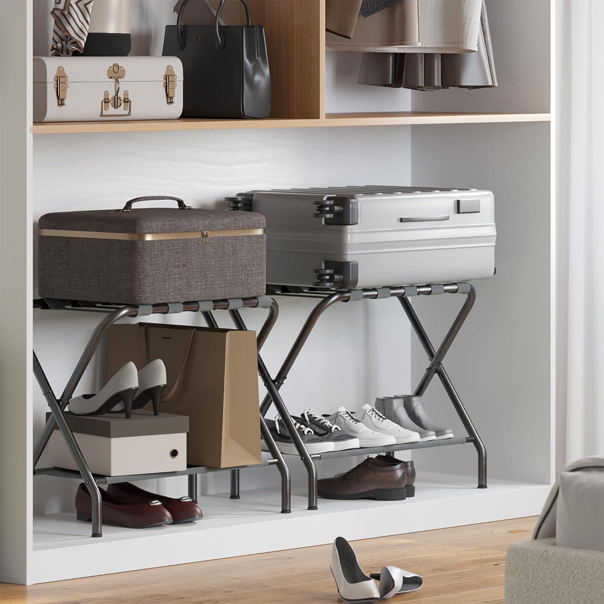 Heavy Duty Folding Luggage Rack with Storage Shelf - Sturdy Steel Suitcase Stand for Bedroom, Guest Room & Hotel Use - Supports 110 lbs (27x15x23 Inches) - Perfect for Travel Storage & Space Saving Organization