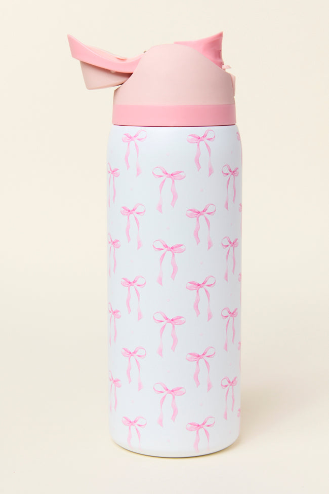 32oz Pink Bow Water Bottle with Straw - Insulated Stainless Steel Tumbler for Women, Girls | Leakproof, BPA-Free | Perfect for Gym, Hiking, Travel & School